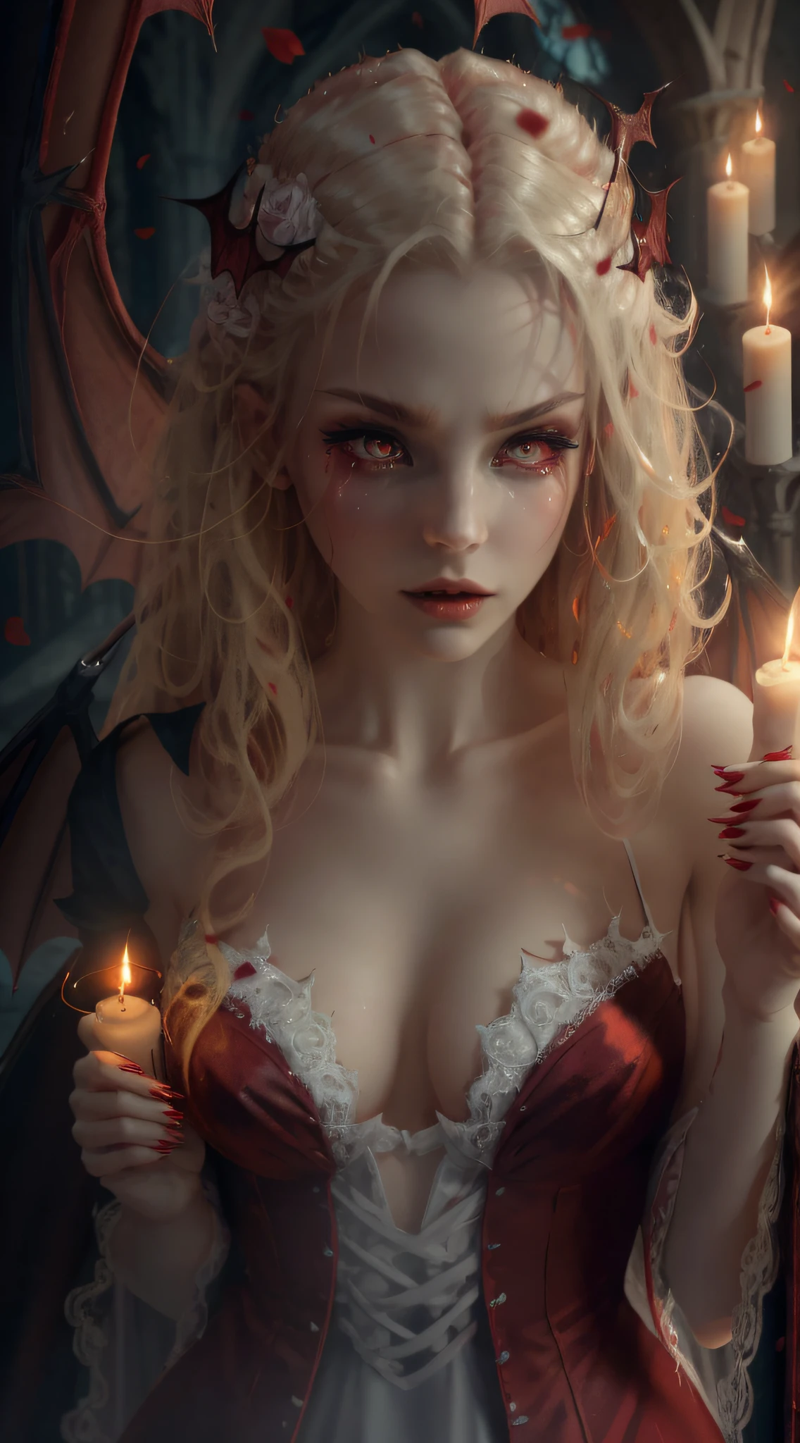 A sexy vampire wearing a wedding dress, stained with blood, staring at the viewer crying tears of blood, whole body, flowing blonde hair, menacing gaze and fangs, gleaming vampire wings, blood staining her pale face, big, sharp nails ready to strike, in a dark abandoned church, with a few candles illuminating, with intensely mesmerizing red eyes