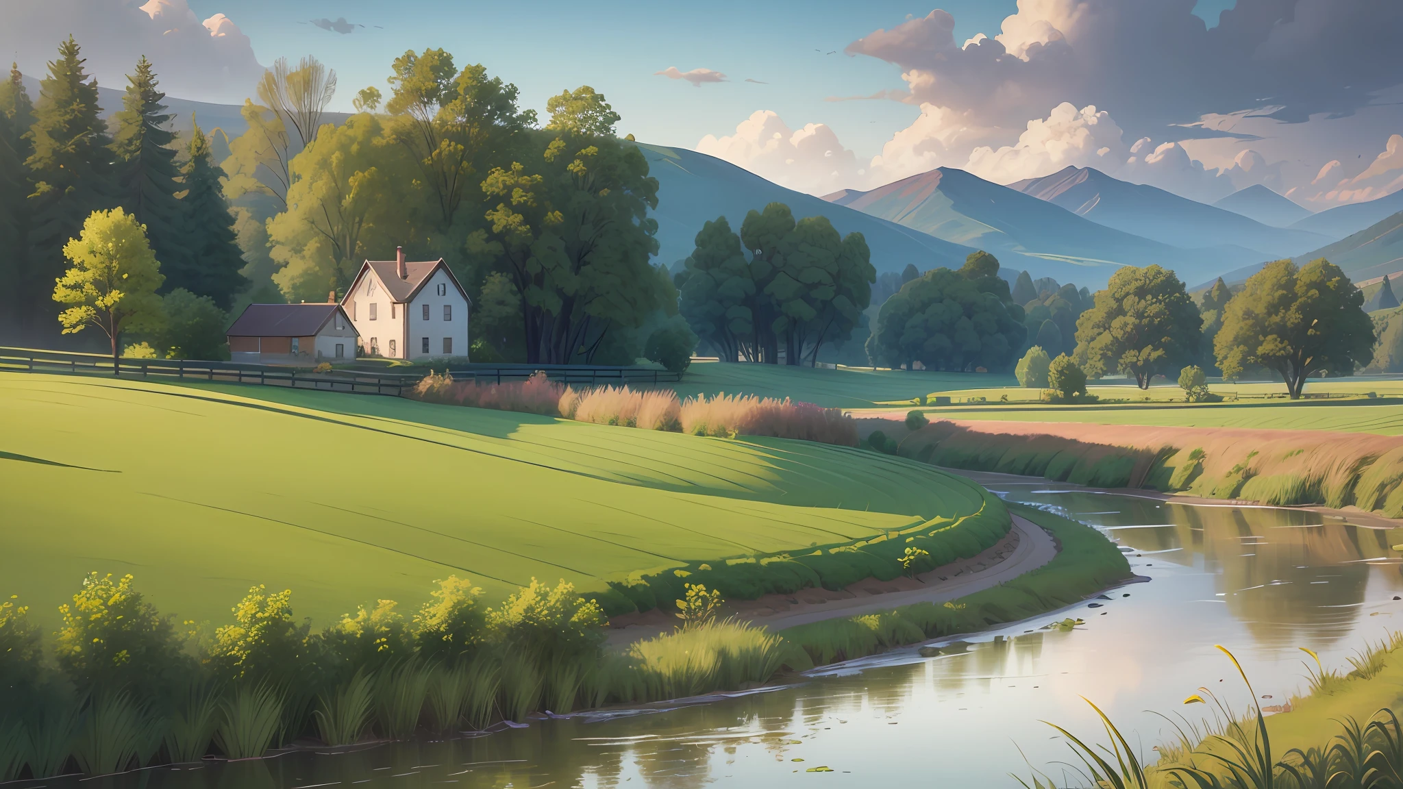 Description: Create a serene countryside landscape blending the techniques of matte painting and impressionism. Paint a picturesque countryside scene with rolling hills, a small village nestled in the distance, and a tranquil river winding through the fields. Use soft brushstrokes and muted colors to achieve an impressionistic effect, while incorporating intricate details and textures with matte painting techniques. --auto --s2