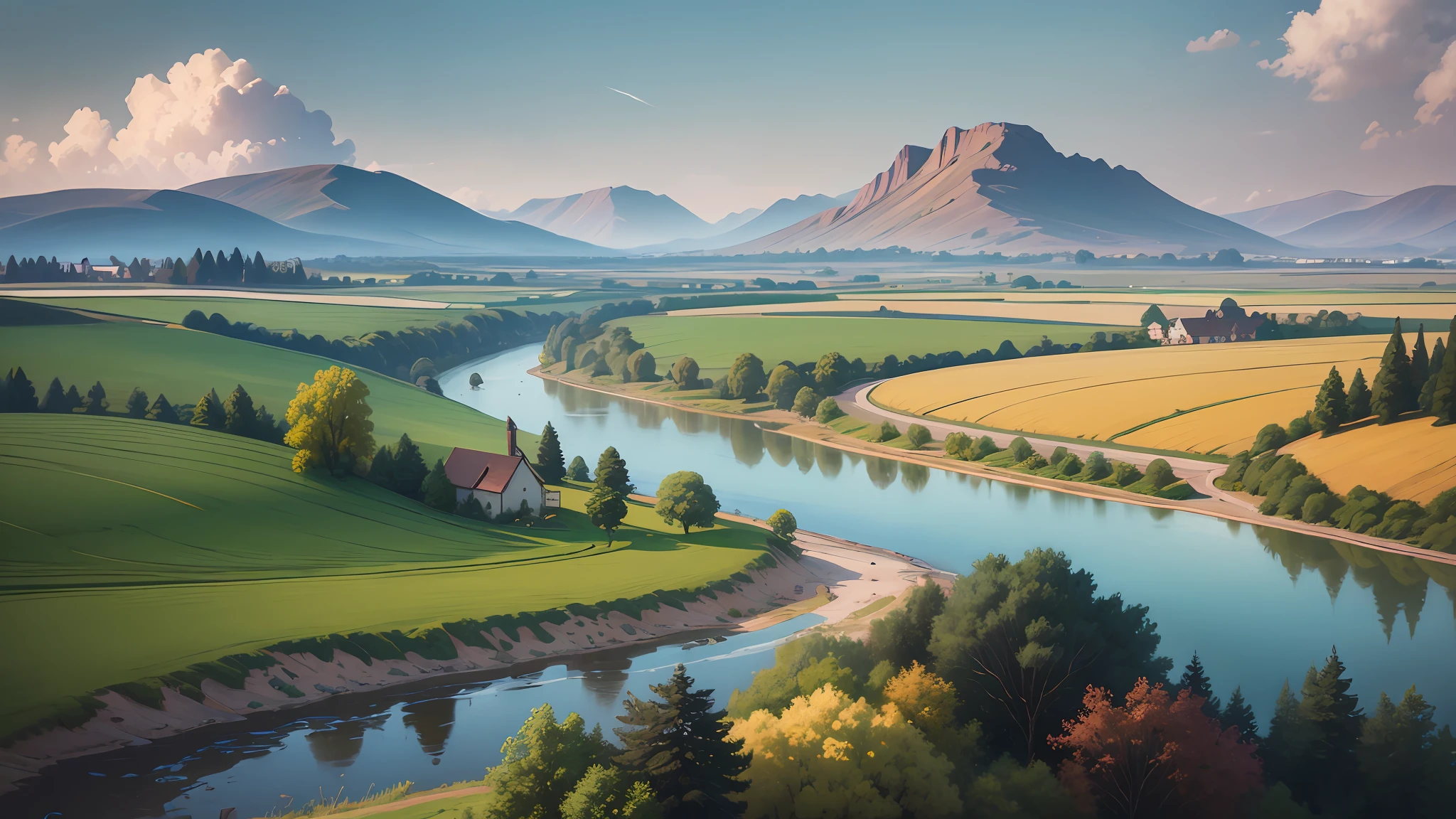 Description: Create a serene countryside landscape blending the techniques of matte painting and impressionism. Paint a picturesque countryside scene with rolling hills, a small village nestled in the distance, and a tranquil river winding through the fields. Use soft brushstrokes and muted colors to achieve an impressionistic effect, while incorporating intricate details and textures with matte painting techniques. --auto --s2