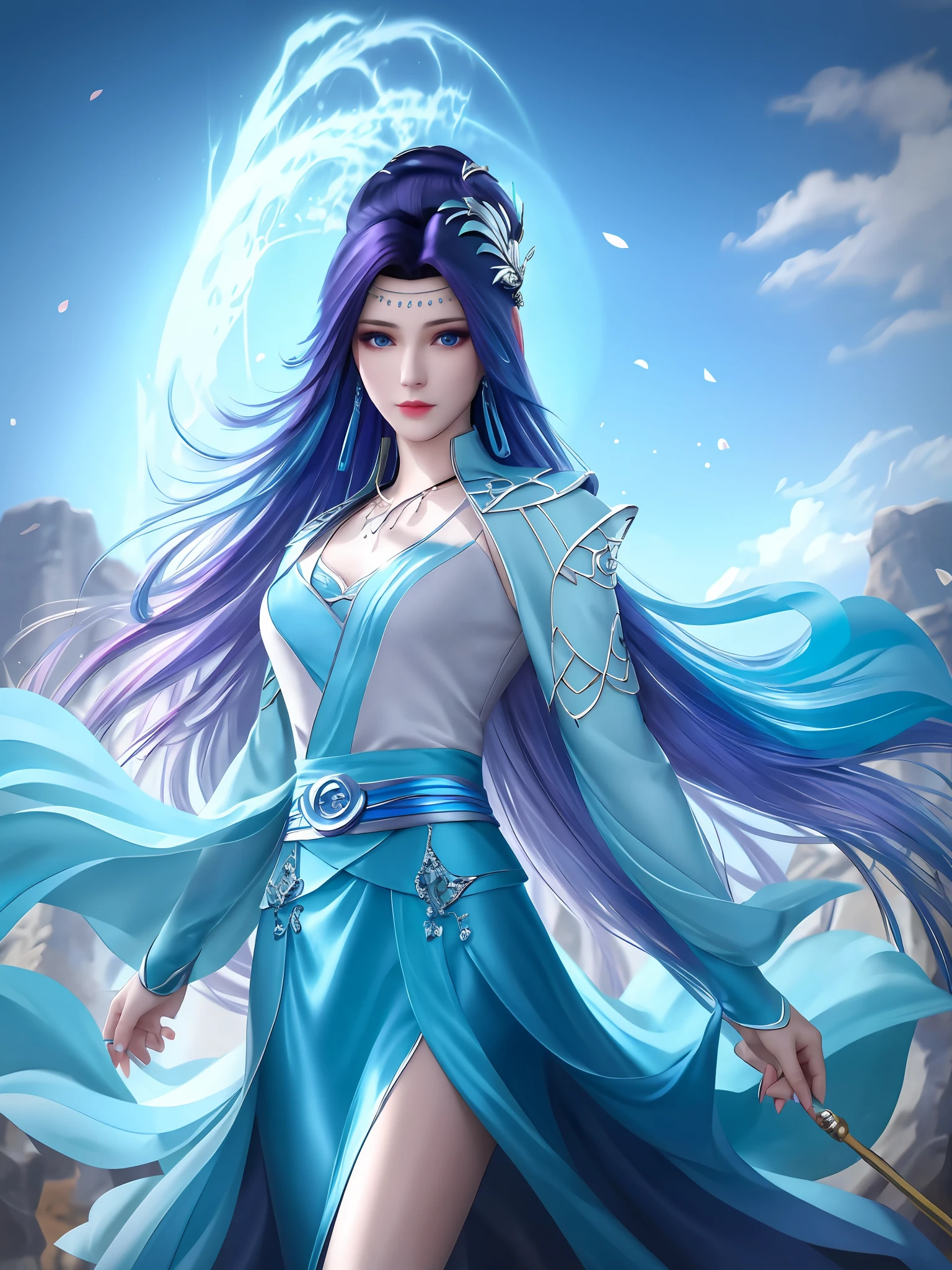 best quality, masterpiece, detailed hair, highres, (((yunyun))) ,necklace,hair ornament, (Beautiful face), blue dress, looking at viewer, blue hair, standing, (above waist)
