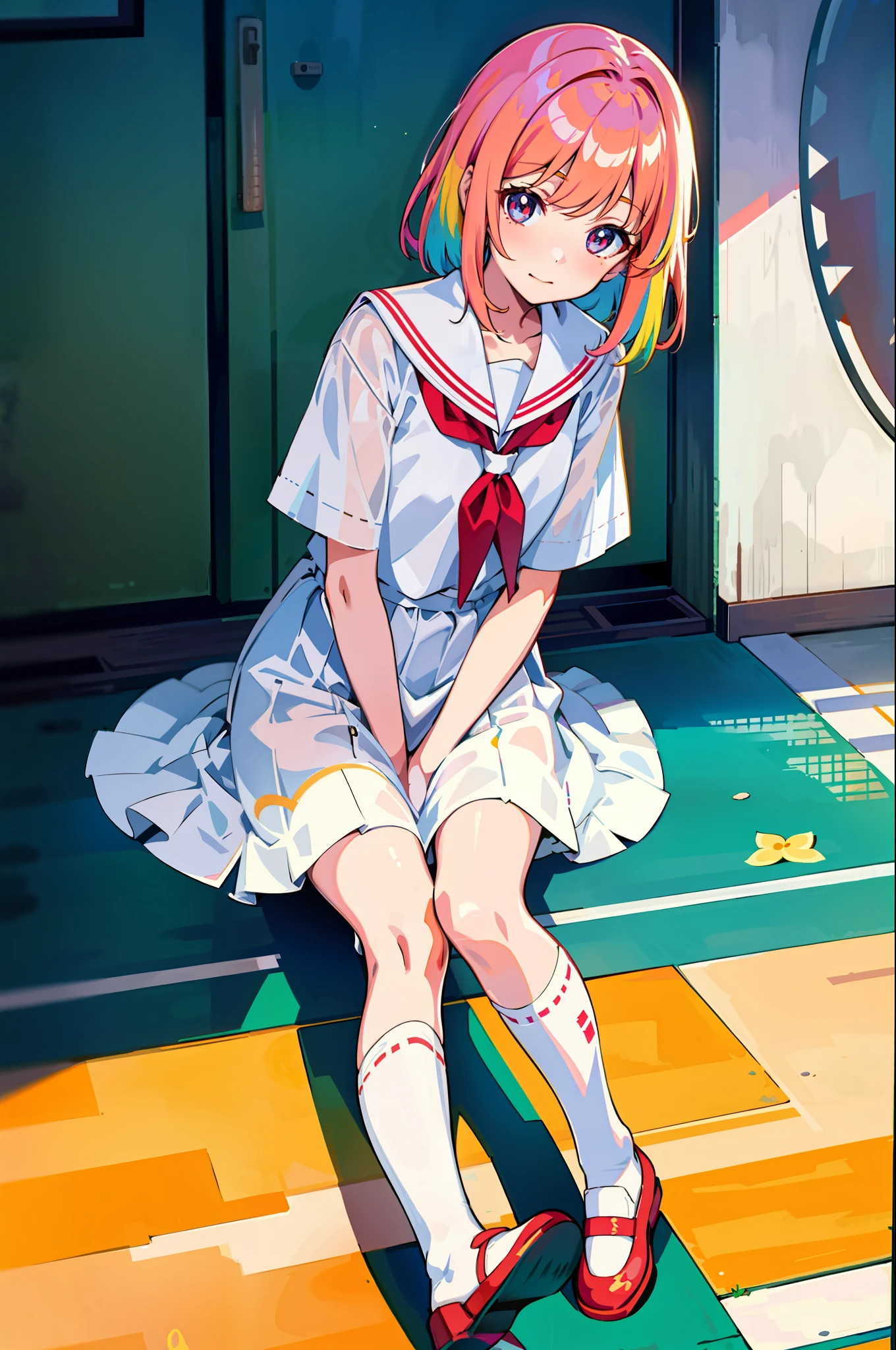 Best Quality, Single Girl, Warm Day Light, Colorful Hair, Cute, Anime, Sheer White Skin, Asian Girl, Full Body, Gentle Eyes, Shy Face, Girl, Summer Uniform, Shining, Pupil Star-shaped, Quiet Child