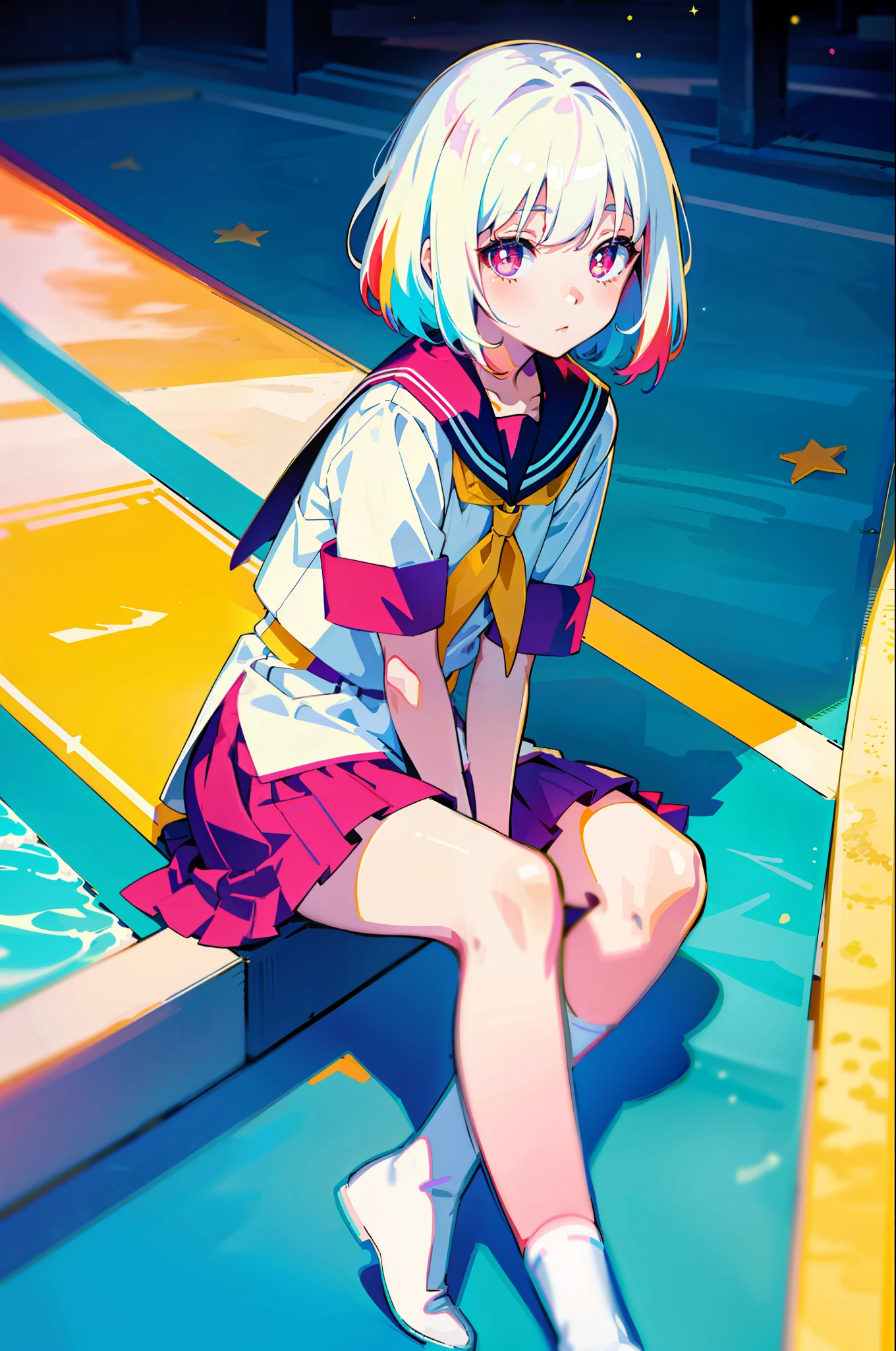 Best Quality, Single Girl, Warm Sun Light, Colorful Hair, Cute, Anime, Sheer White Skin, Asian Girl, Full Body, Gentle Eyes, Shy Face, Junior High School Girl, Summer Uniform, Shining, Star-shaped Pupils, Quiet Child, High Contrast