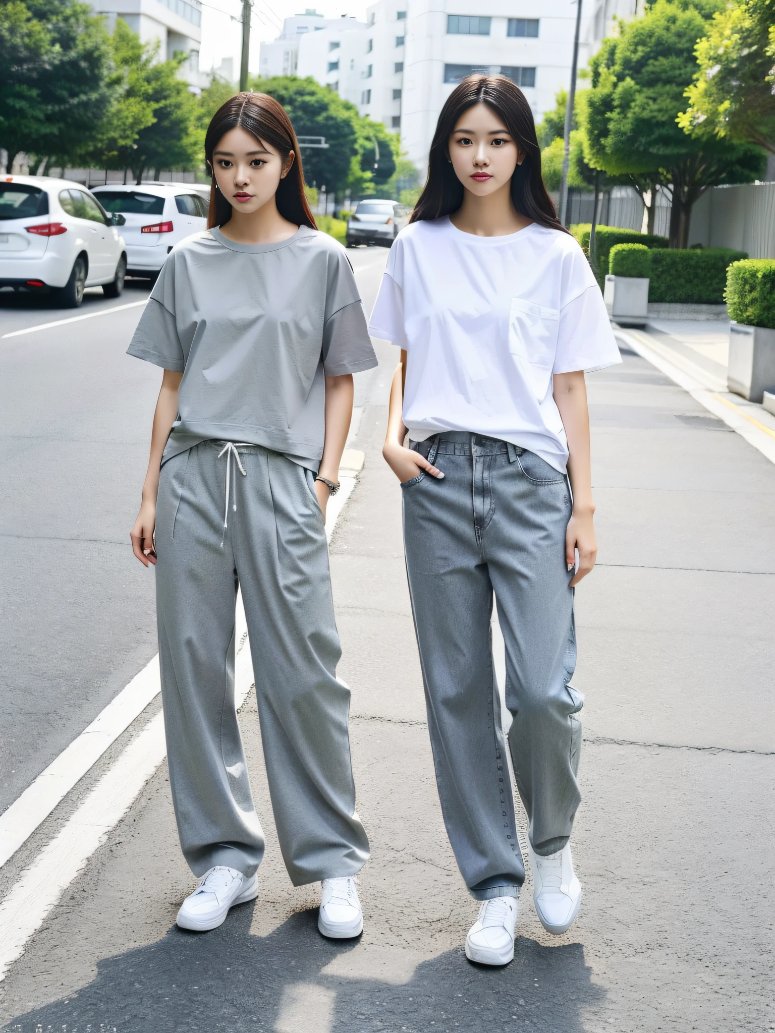 Woman in white short sleeve t-shirt and gray pants standing on the sidewalk, big long t-shirt, simple style, simple clothes, milk and grass style, casual clothing style, modern fashion outfit, casual modern clothes, inspiration, gray pants, neutral tone, casual attire, 22 years old, adult face, long hair