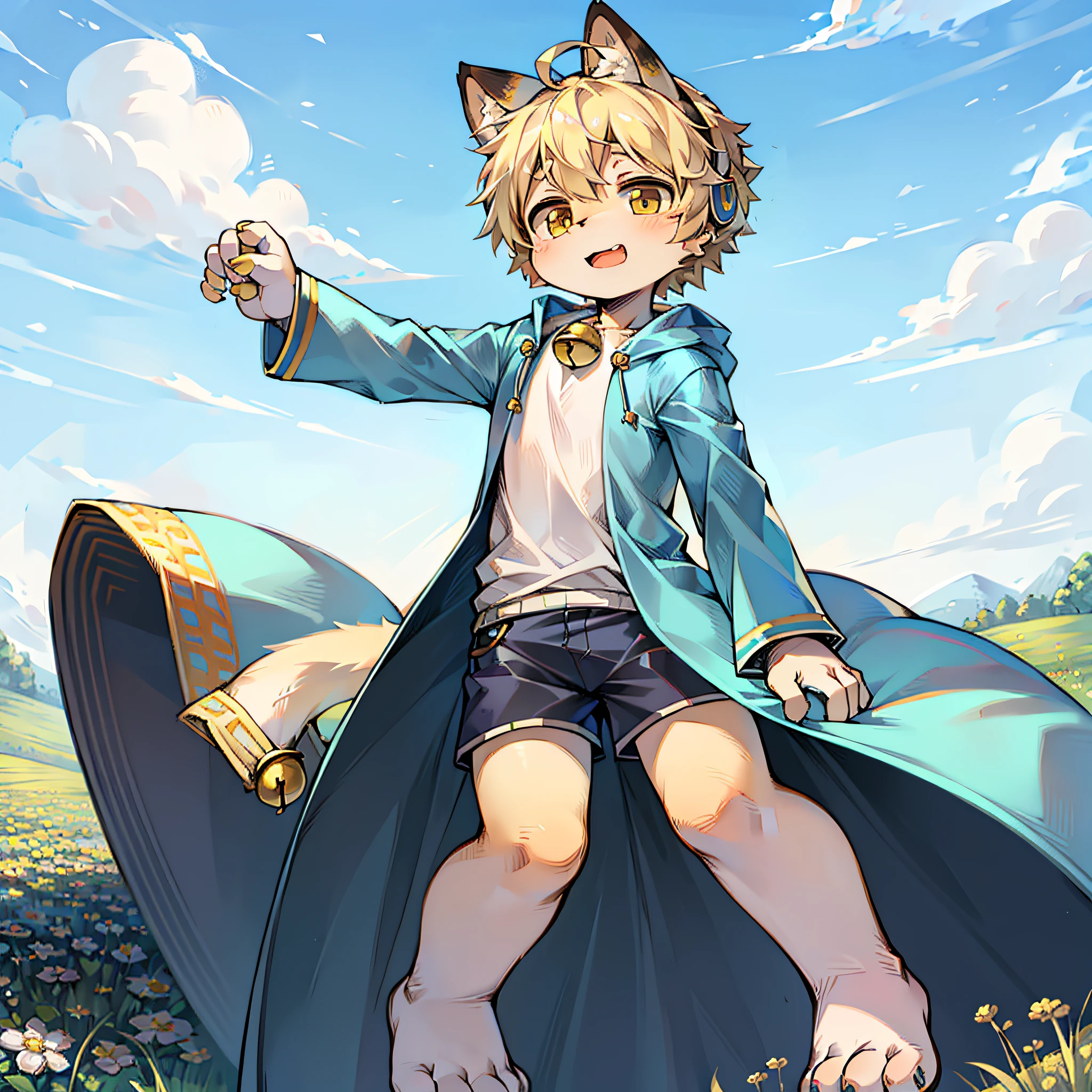 field, garden, band-aid, short hair, blonde, ahoge, bell, headphones, lower body, child, furry, cat ears, open mouth, cloud, sky, in summer, no spots, cubs, yellow fur everywhere, cat ears, cat type, big fluffy tail, masterpiece, high-quality portrait, human figure, cub, beard, solo child boy, wind, pose, full shot, sky blue coat, gray shorts, yellow scarf, white shirt, super cute face, Furry paws