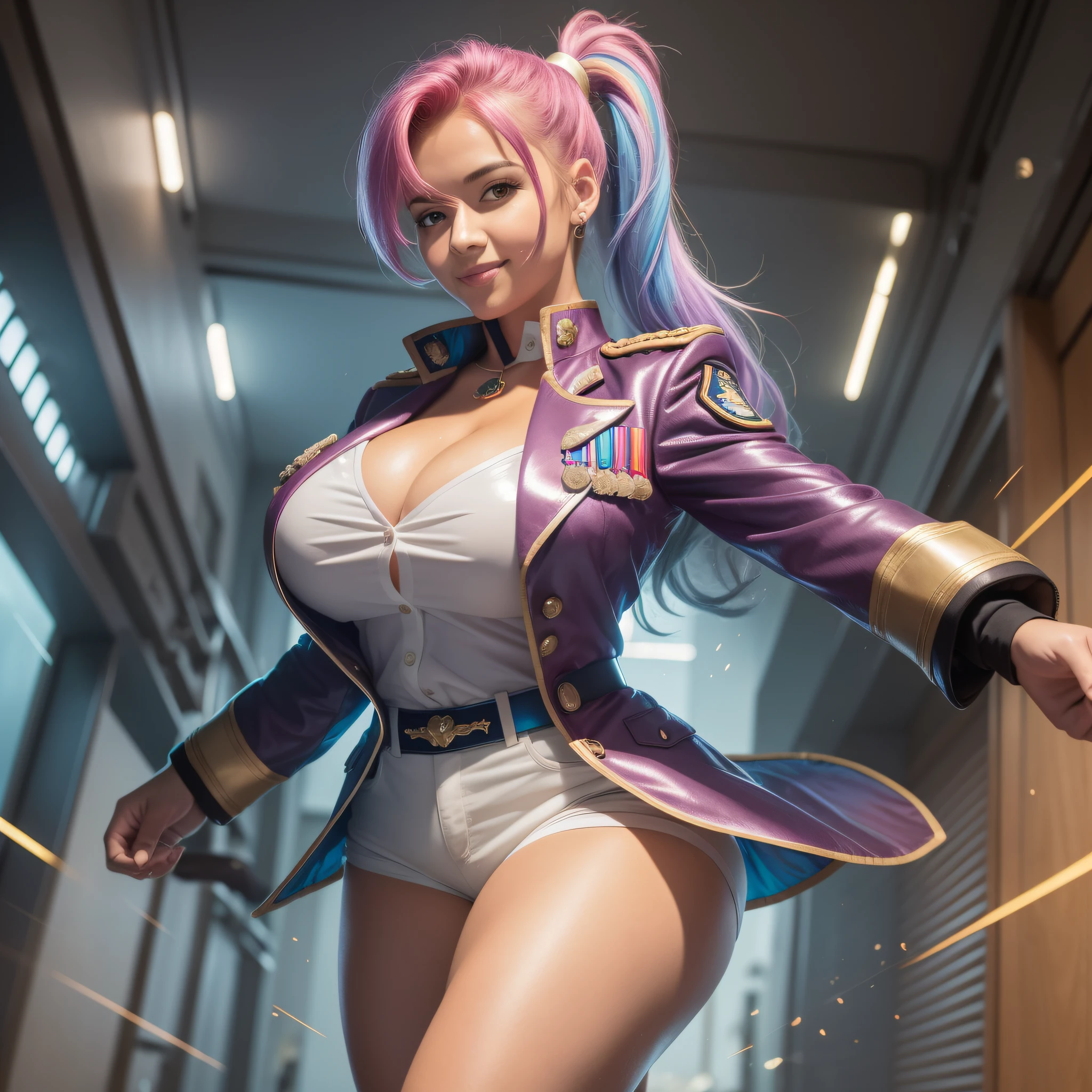 Five fingers, huge, cleavage, one woman, military uniform, medal, powerful pose, iridescent shorts, iridescent jacket, white shirt, red hair, ponytail, tanned skin, smile, shining clothes, full body view, publicity cosplay, full cosplay, shot with Canon 5D Mk4, cosplay photo
