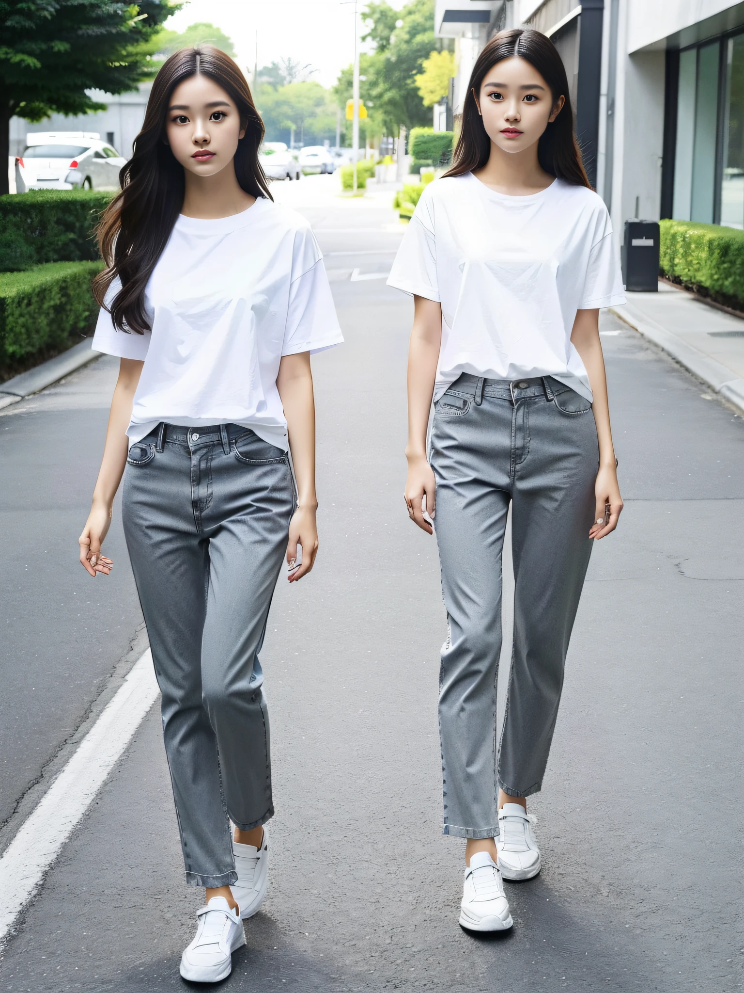 Woman in white short sleeve t-shirt and gray pants standing on the sidewalk, big long t-shirt, simple style, simple clothes, milk and grass style, casual clothing style, modern fashion outfit, casual modern clothes, inspiration, gray pants, neutral tone, casual attire, 22 years old, adult face, long hair