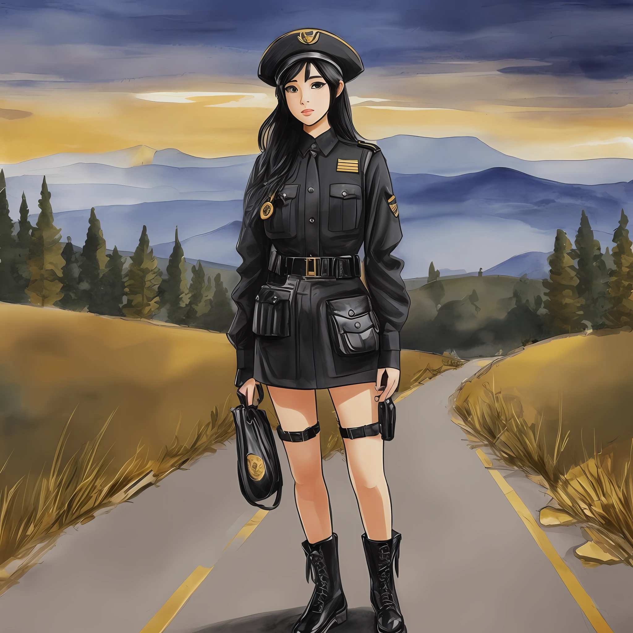 Draw a girl with black hair outfit and blue cop beret full body with a golden landscape --auto --s2