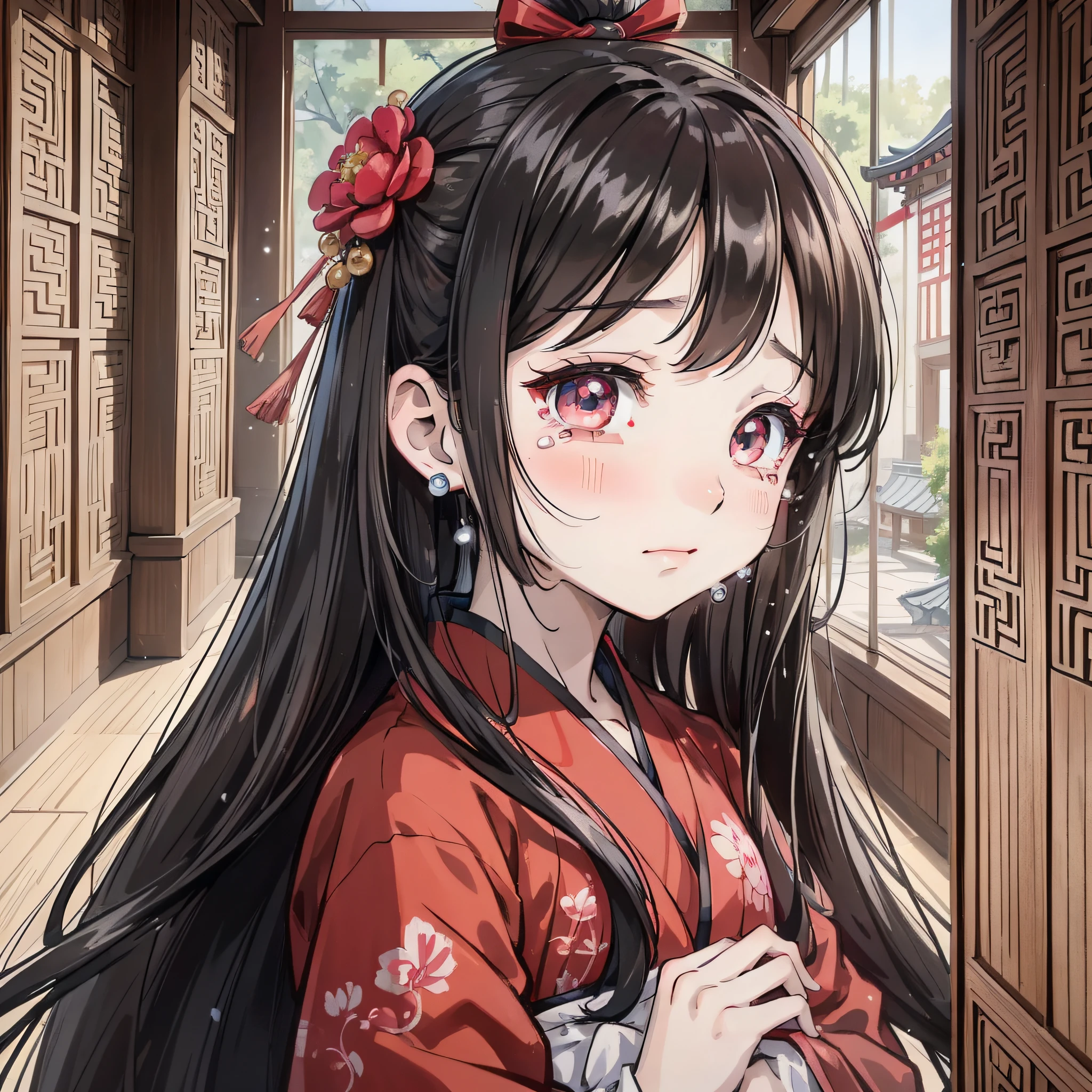 Ancient Chinese anime little girl with long black hair and about 10 years old wearing red Hanfu, red flower 1.3 (crying expression 1.5) (head down and tears 1.5) (tears 1.8) (open mouth crying 1.2) (background is ancient Chinese room 1.5) anime style 4 K, anime rendering, Guvez style artwork, anime style. 8k, Guvitz, beautiful anime girl, beautiful anime face, cute anime girl (big eyes full of tears 1.5) (upper body display 1.5) (crystal beautiful eyes 1.5) (poor milk 1.3) (juvenile little girl 1.3) (cinematic light 1.5)