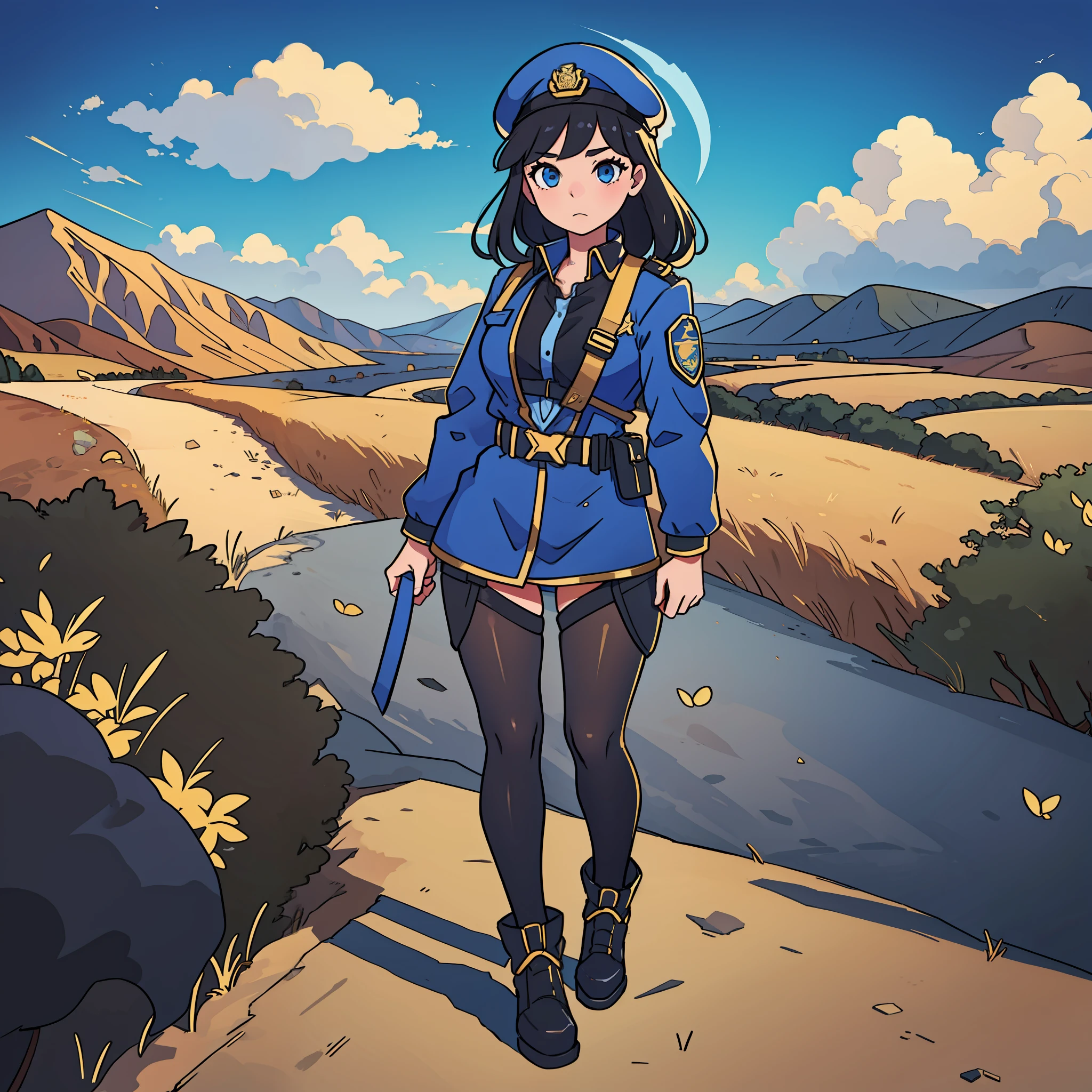 Draw a girl with black hair outfit and blue cop beret full body with a golden landscape