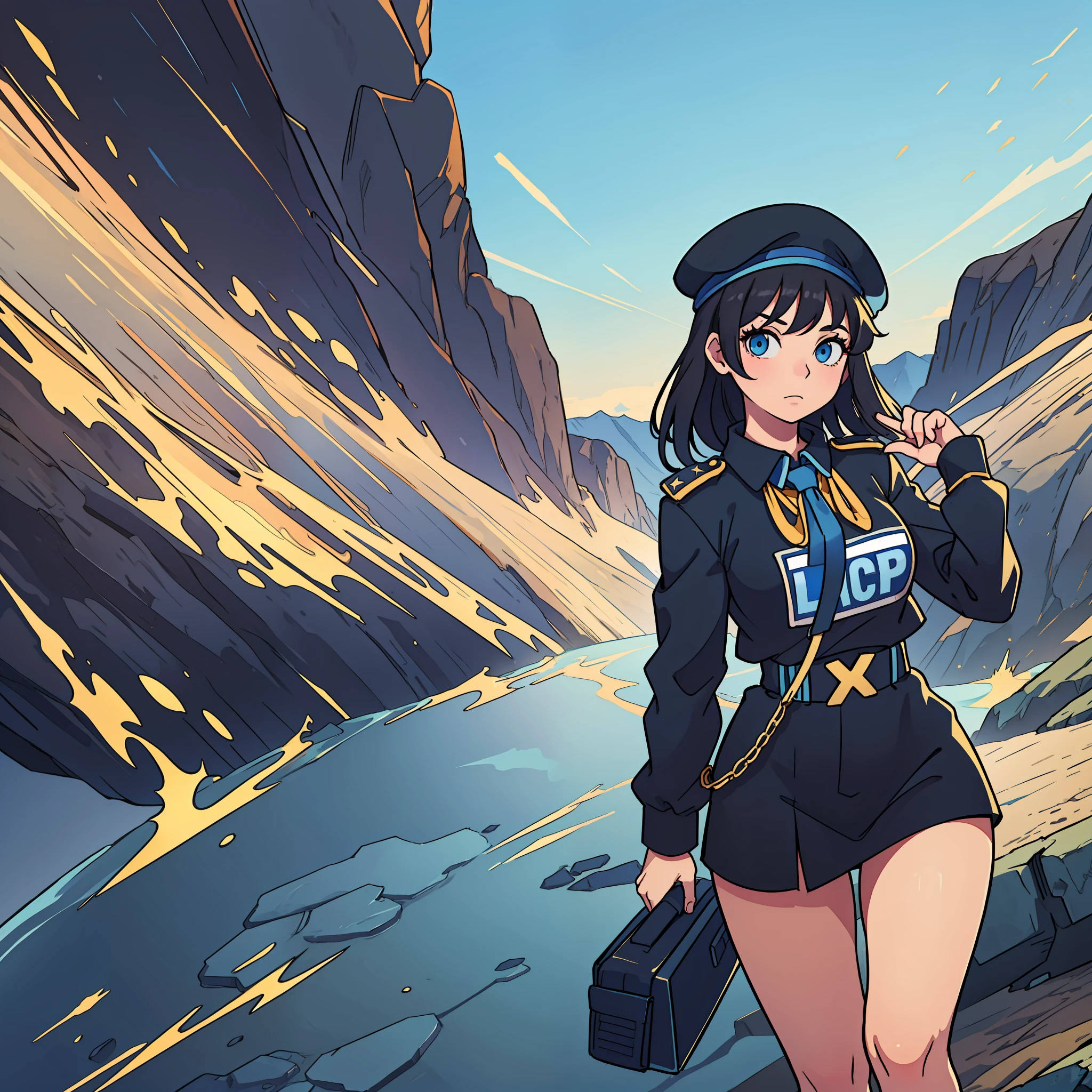 Draw a girl with black hair outfit and blue cop beret full body with a golden landscape