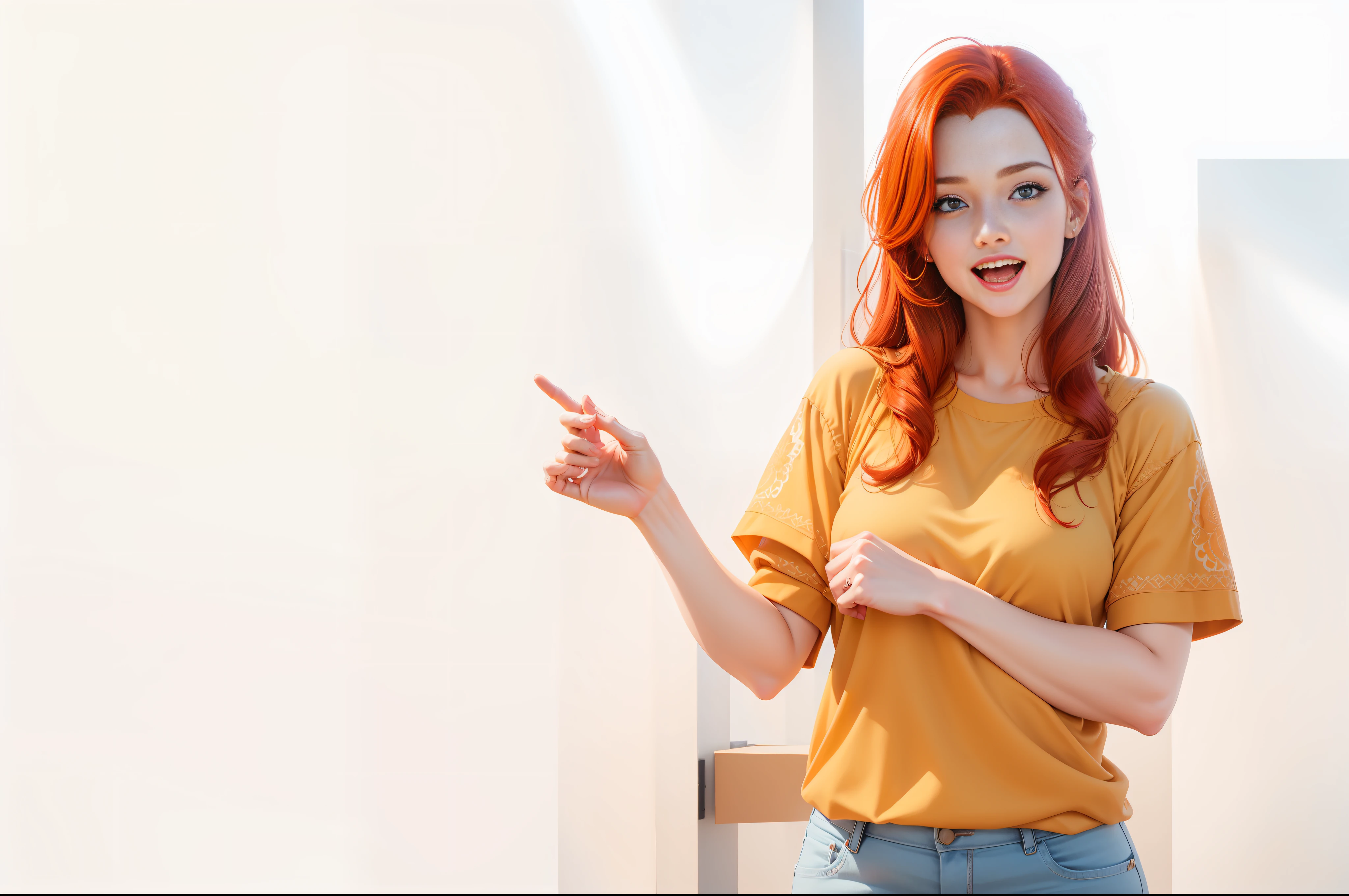 Beautiful young, wow, wow reaction, surprise, surprise, redhead, cheerful, joy, good surprise, girl, photorealism, photorealistic, ultra hd, 4k, detailed textures