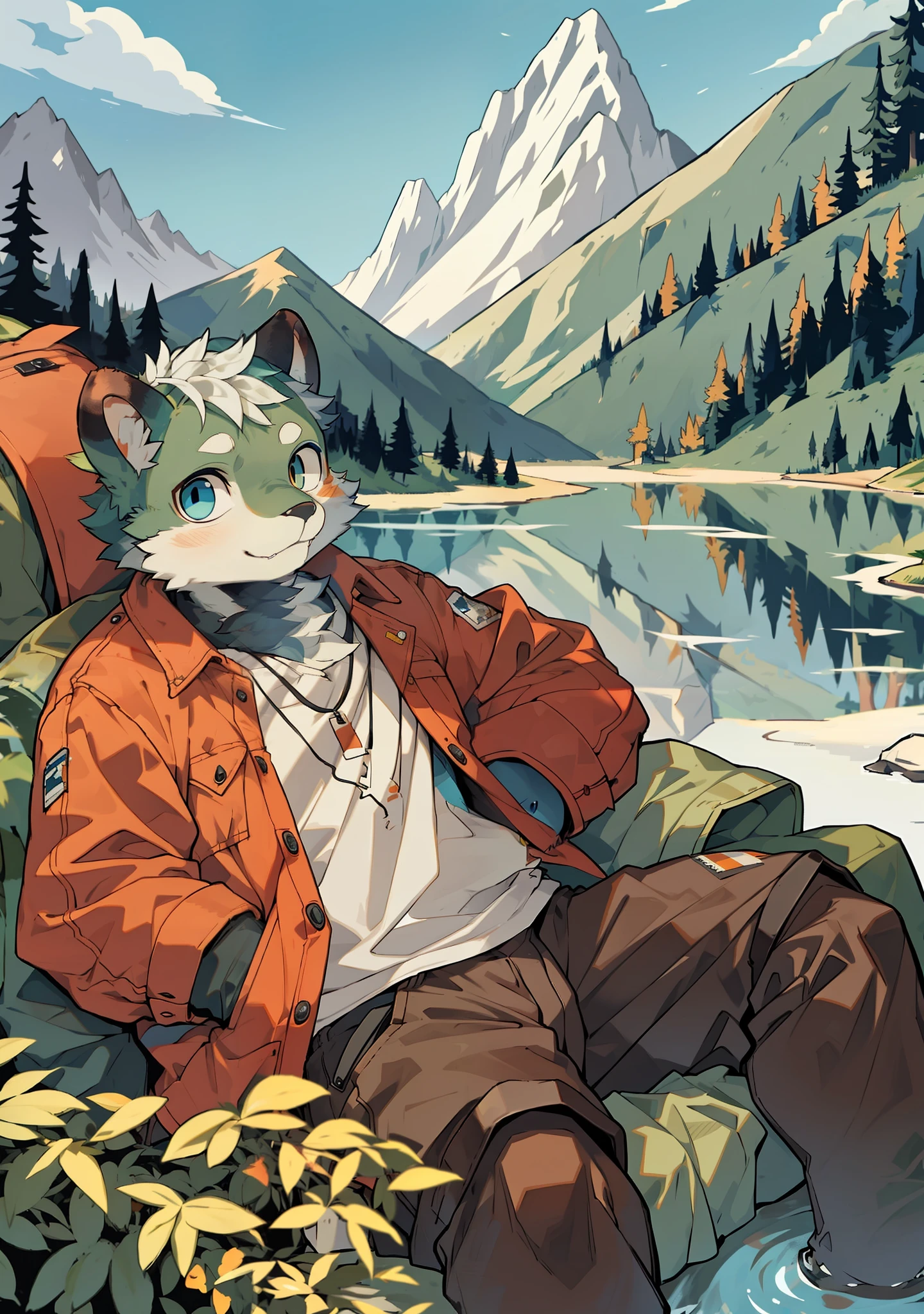 (noon), the little bear orc, sitting on the grass leaning under the tree to enjoy the shade, fatter, smaller, left eye yellow, right eye blue, orange coat is relatively flat, hair behind the face is white, wearing shorts, hands in pockets, behind a mountain and river, next to a camping tent, the hair behind the face is white, the right eye is blue
