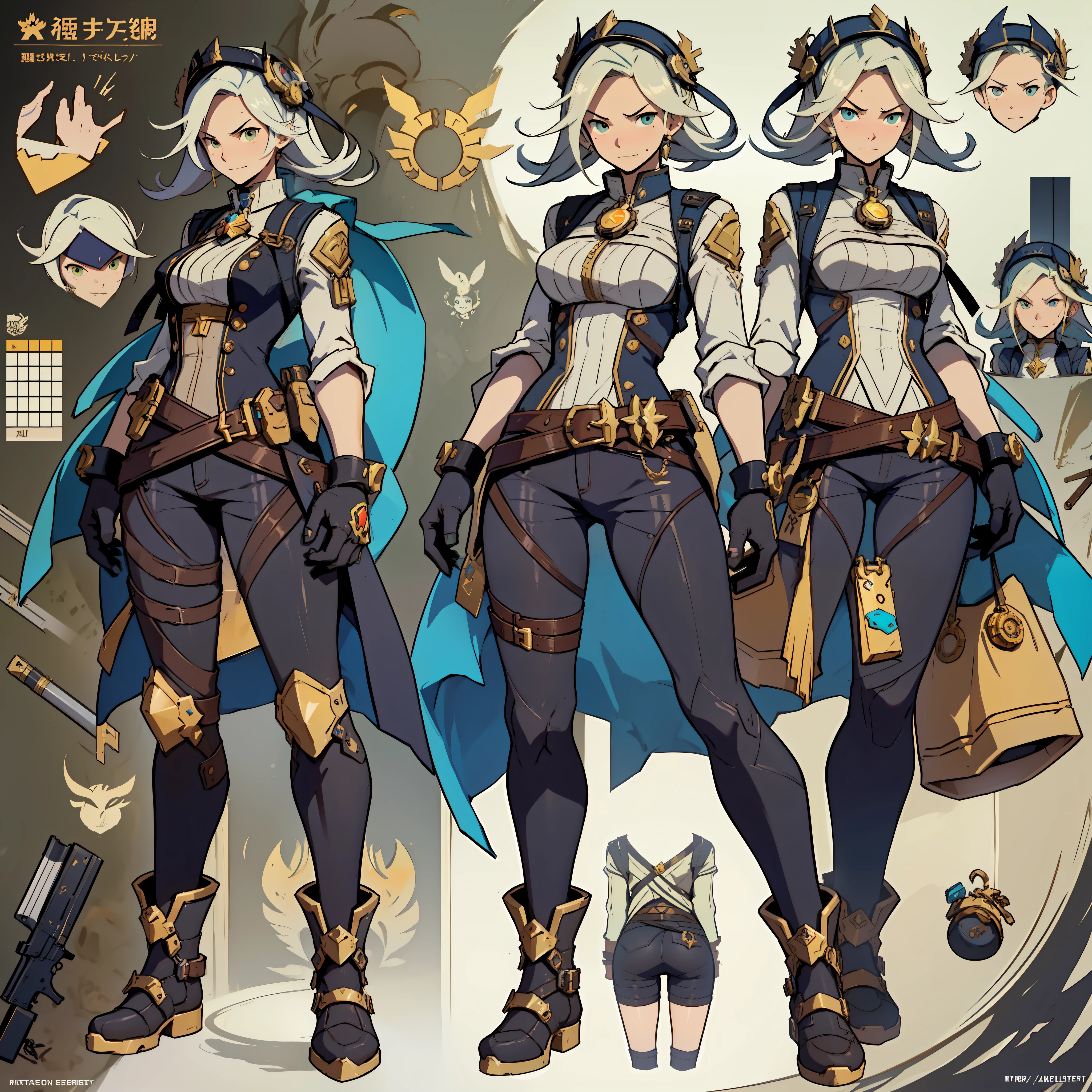 Close-up of a man in a gun costume, ((character concept art)), tall figure, ((character design sheet, same character, front, side, back)), maple story character art, video game character design, video game character design, maple story gun girl, girl wearing cute cartoon bunny hairpin on her head, yellow glowing decoration on girl's clothes, expert high detail concept art, metal bullet concept art, funny character design, Lucio as a woman, gravity rush inspiration, Viscous tar. Concept art, belt buckle at waist, steampunk weapon,