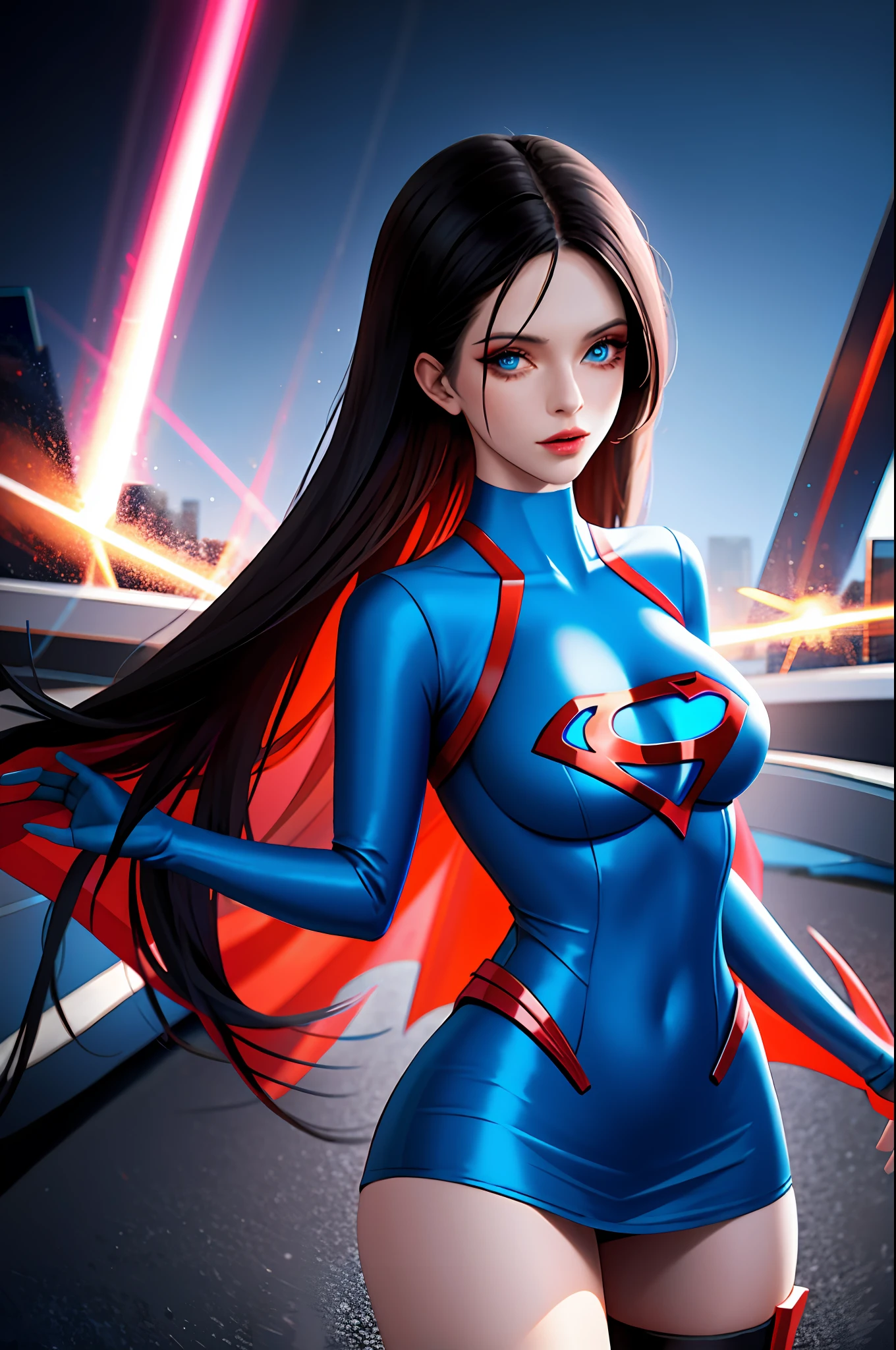 there's a woman in a short dress walking on a runway, digital art by Nelson Alexander Ross, winner of the Artstation contest, neo-dada, neosurrealism. digital art, neosurrealism, neo surrealism, cover art, giant art, dreamy cyberpunk girl, promotional art, using superman S symbol, tracer in a tight dress, near a galaxy, skydoll noa