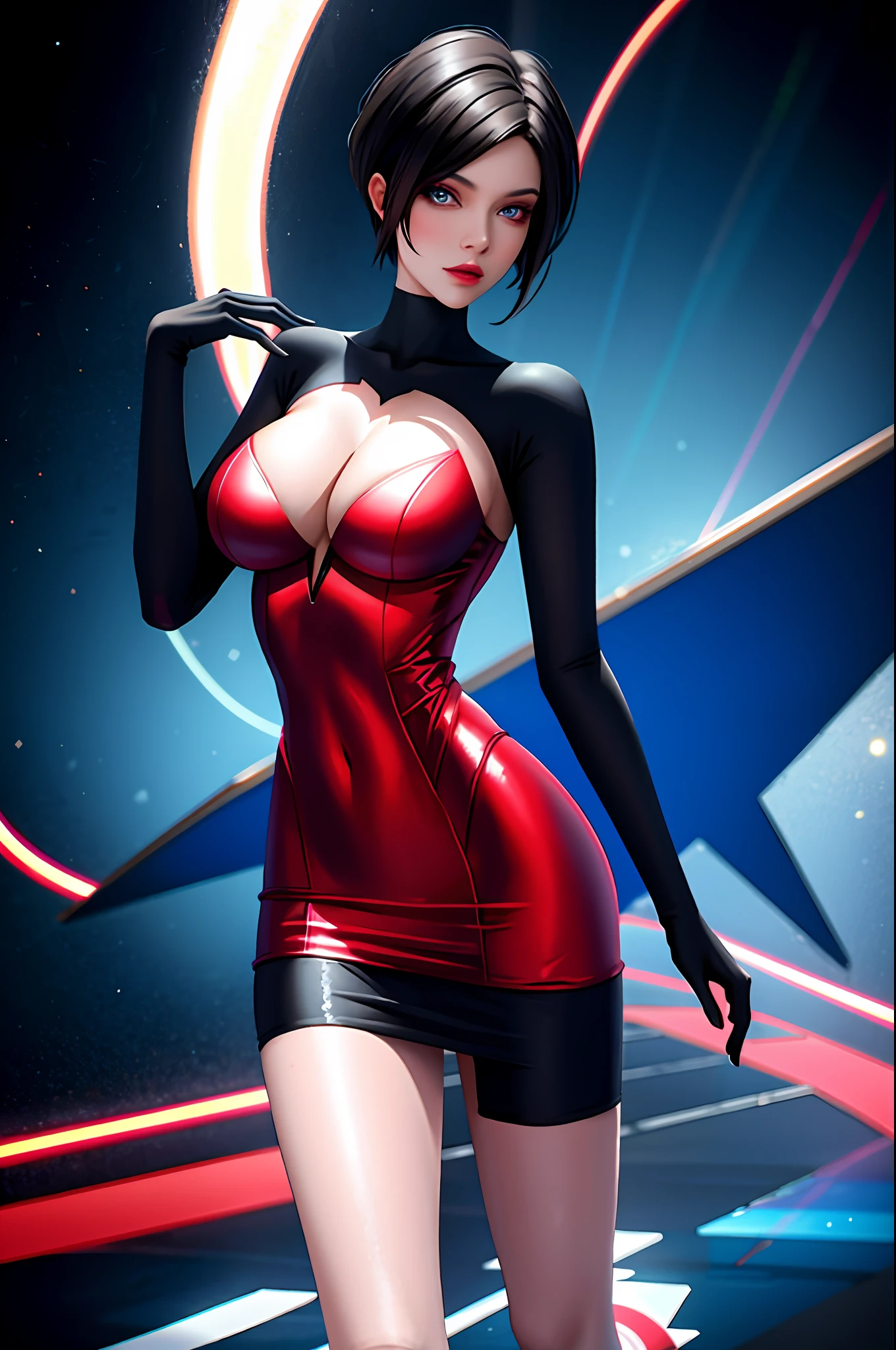 there's a woman in a short dress walking on a runway, digital art by Nelson Alexander Ross, winner of the Artstation contest, neo-dada, neosurrealism. digital art, neosurrealism, neo surrealism, cover art, giant art, dreamy cyberpunk girl, promotional art, using superman S symbol, tracer in a tight dress, near a galaxy, skydoll noa