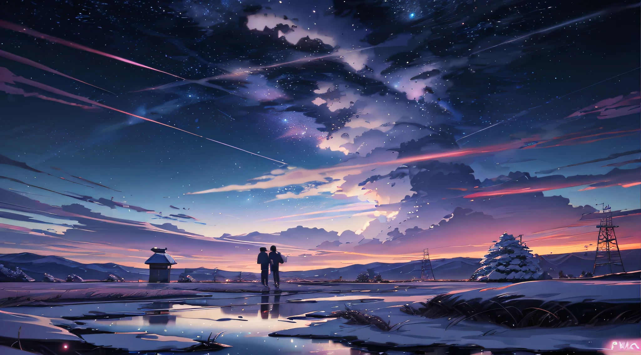 An anime scene of two people standing on a snowy field with the sky in the background, inspired by Makoto Shinkai's anime drawings, trending on pixiv, concept art, Cosmos Sky. Author: Makoto Shinkai, beautiful anime scene, Makoto Shinkai Cyril Rolando, anime art wallpaper 4k, anime art wallpaper 4k, anime sky, anime beautiful peaceful field ((((Makoto Shinkai style)), pixiv, anime drawing, High resolution, pink sky, beautiful scene), (universe, train passing, magic realism, ((makoto shinkai style)) ::0.8), [art atmosphere, atmosphere:0.8, starry sky, hills, snow mountain , sparkling water, grass, trees, smoke, stars, low angle of view, specular light scattering, detail enhancement. Character details are complete.