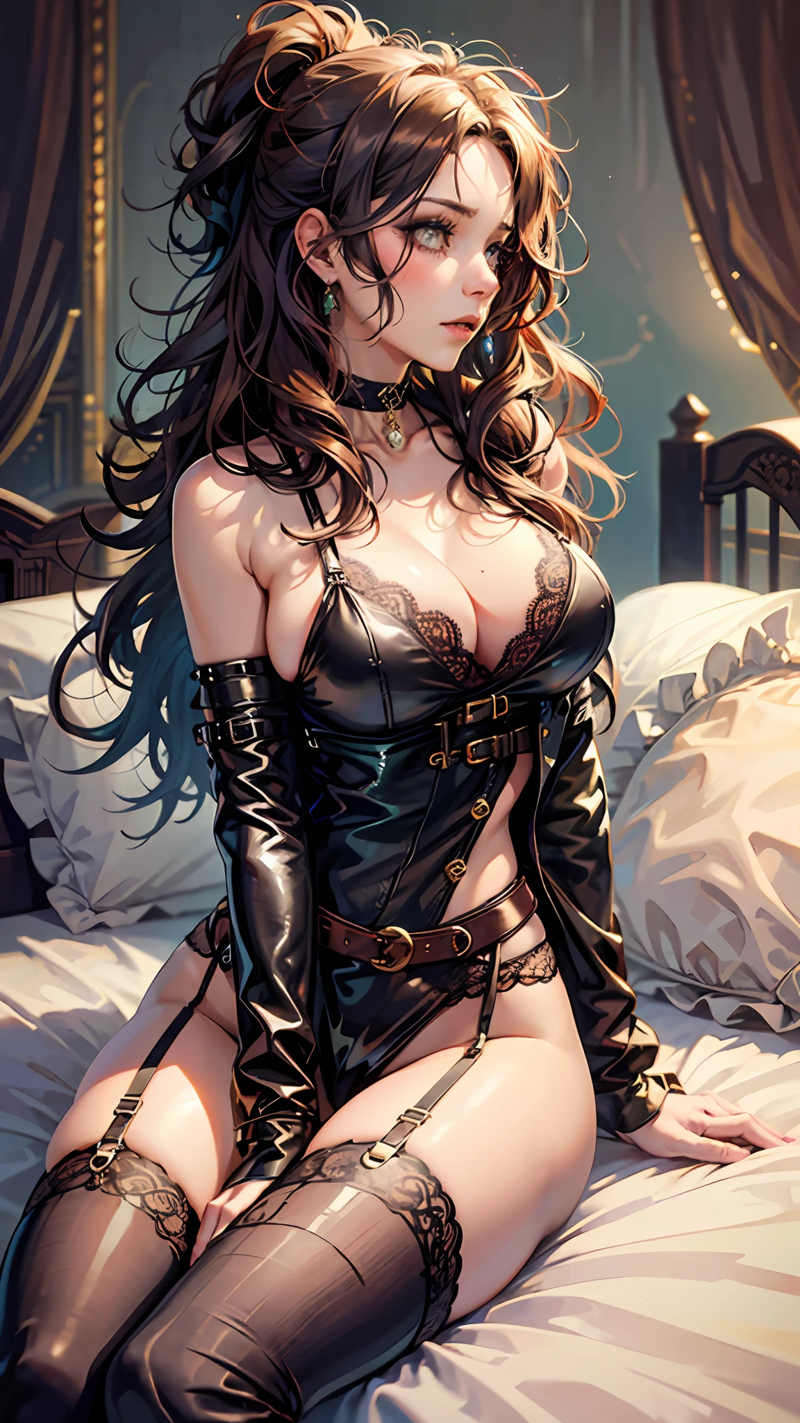 woman, wavy hair, sexy lace lingerie, choker, thighhighs, on bed, on back, luxury steampunk bedroom, perfect slim fit body, gorgeous eyes, huge breasts, detailed composition, vibrant colors --auto --s2