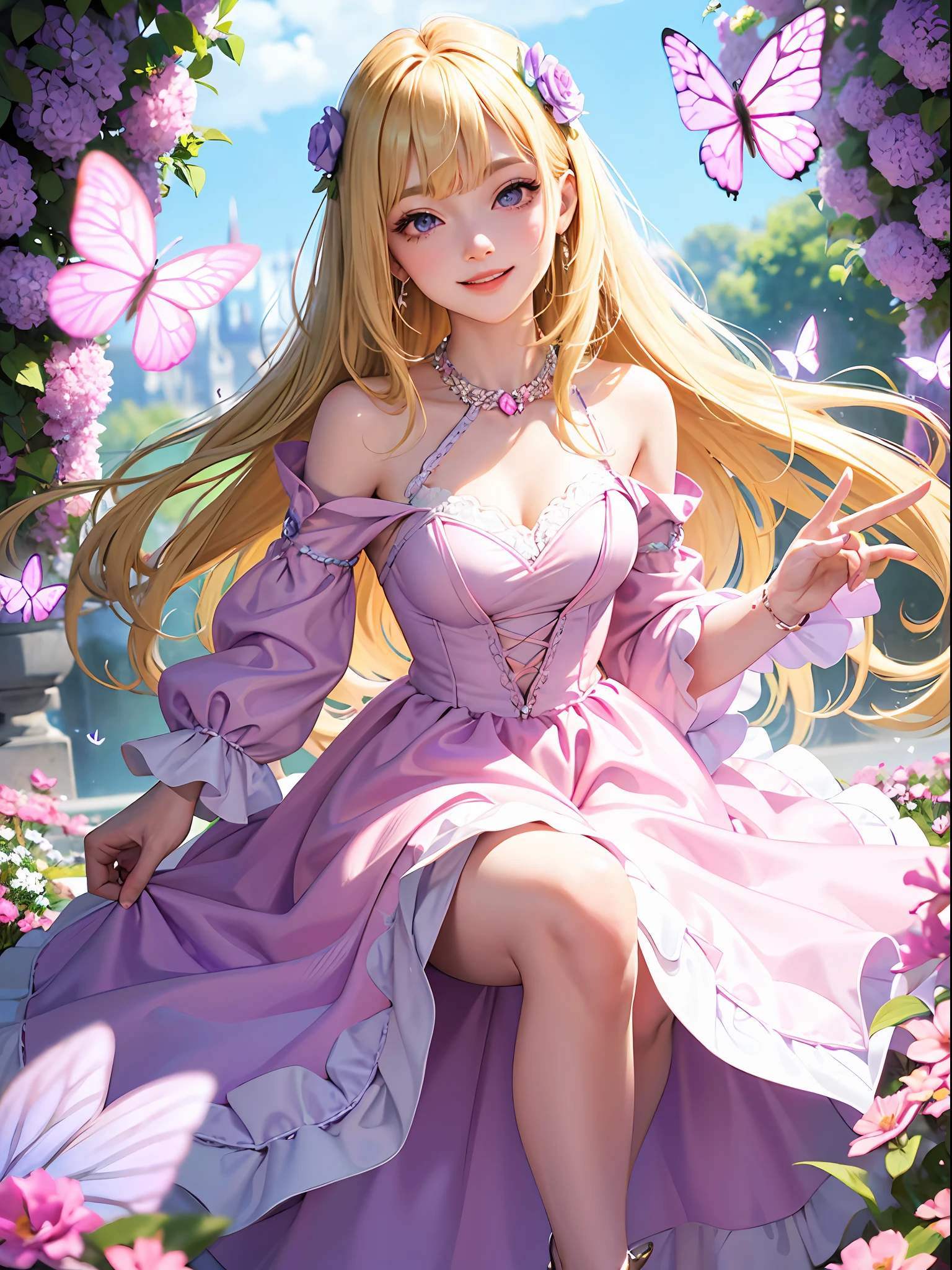 Blonde hair, purple eyes, fair skin, wearing a pink princess dress and crystal high heels, smiling, surrounded by flowers and butterflies
