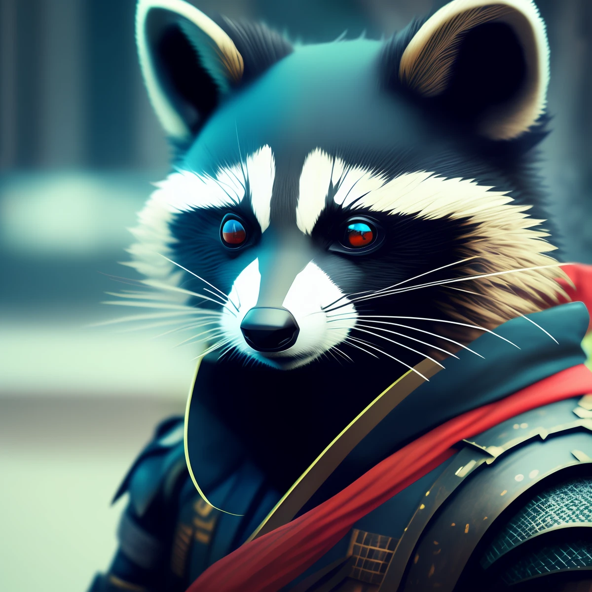 ninja raccoon, realistic, 8k, cyberpunk, (best possible quality: 1.2), small raccoon, blades in hand, image background black, lights on body, clothing, (samurai outfit), realistic, (perfect body), detailed body, detail and realistic clothing, realistic blades, lights on blade, red eyes, by the banks and blacks, (((masterpiece: 1,2))), perfect and detailed ninja raccoon.