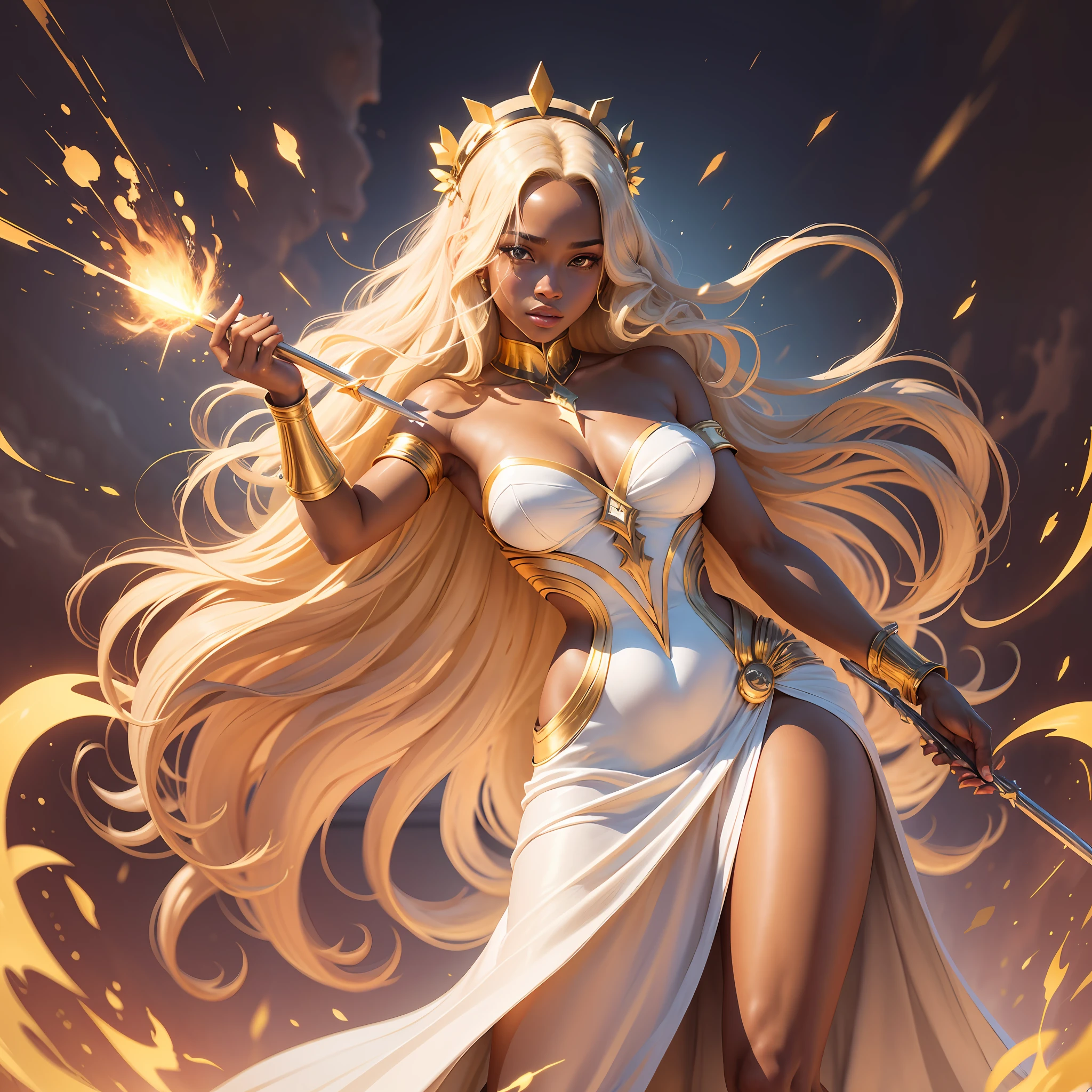 Best quality, best definition, best art, artwork, gorgeous, painting, blonde hair, long blonde hair, perfect hair, long hair, perfect skin, black skin, brown skin, black skin, dress, long white dress, white dress, greek goddess dress, full body, whole body, holding a lightning bolt, holding a golden ray, lightning, gold ray, spear, whole body.