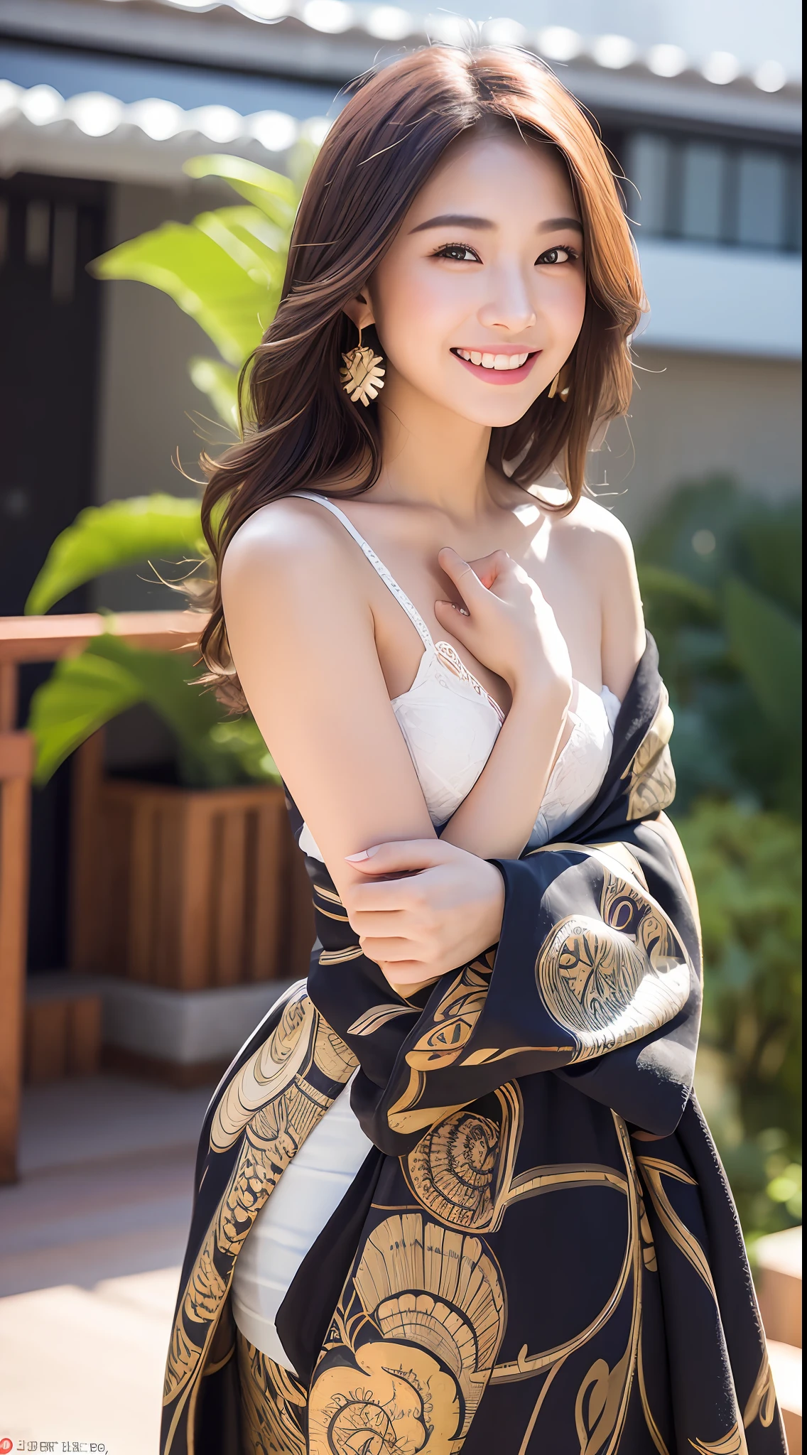 (8k, RAW photos, top quality, high resolution: 1.1), (ultra-realistic: 1.4), (realistic, photorealistic: 1.3), soft light, big, Japan person, girl, realistic face, realistic body, realistic skin, absurdity, masterpiece, (cute: 1.8), cuties, solo, (big: 1.2), detailed black eyes, innocent eyes, teak, (kimono: 1.2), cinema light, Film grain, jewelry, earrings, (((Medium Hair: 1.1)), (Floating Hair Nova Frog Style)), Cherry Colored Lips, Close Up, Look Viewer, Upper Body, Open Lips, Upper Teeth, (Smiling Eyes: 0.6), ((grinning: 1.2)), Depth of Field, Blurred Background, Eye Focus, Bokeh, Young, 85mm Lens, f/1.4, Professional Lighting, Young, Portrait, Photon Mapping, Radiosity, Physically Based Rendering, No Bra
