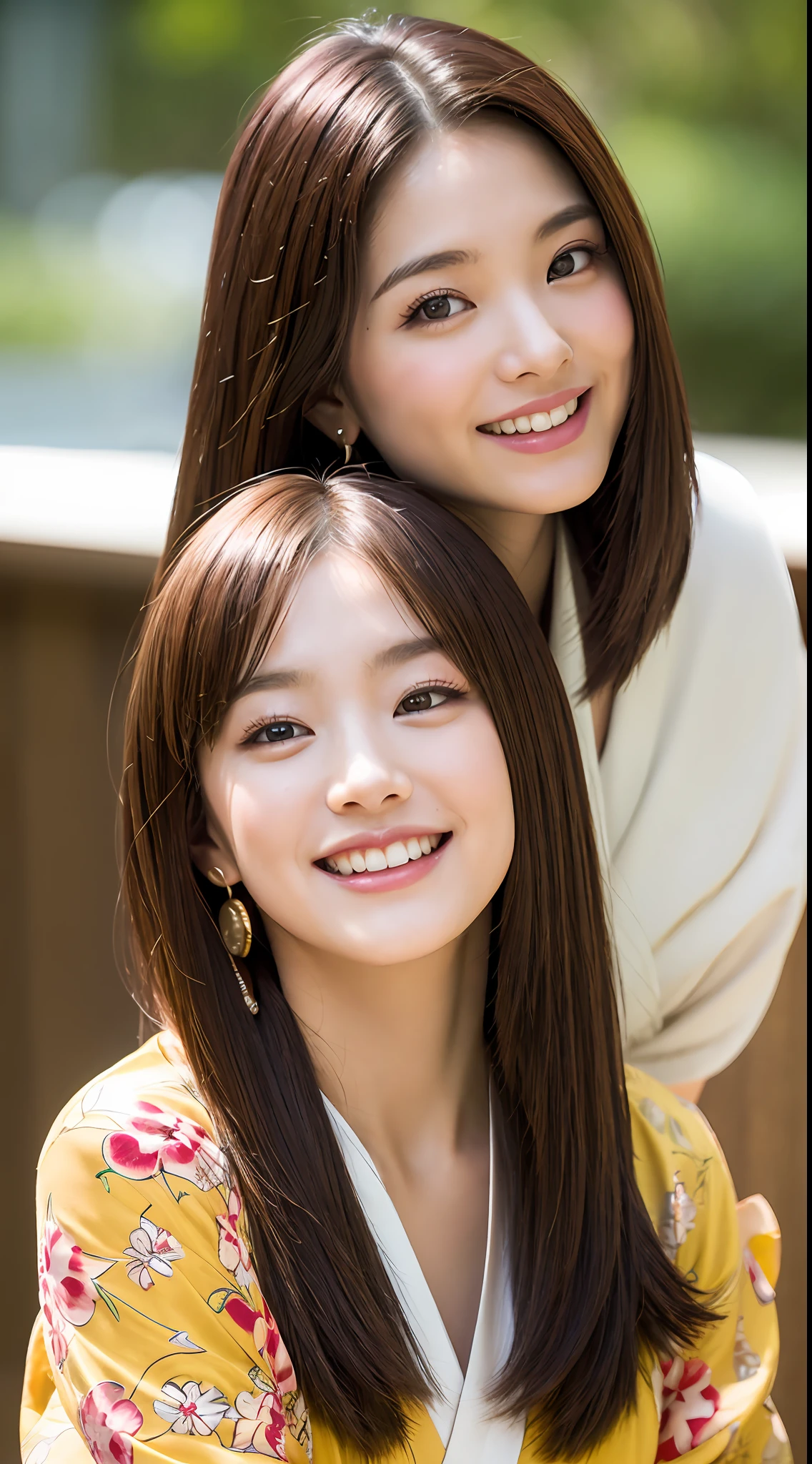 (8k, RAW photos, top quality, high resolution: 1.1), (ultra-realistic: 1.4), (realistic, photorealistic: 1.3), soft light, big, Japan person, girl, realistic face, realistic body, realistic skin, absurdity, masterpiece, (cute: 1.8), cuties, solo, (big: 1.2), detailed black eyes, innocent eyes, teak, (kimono: 1.2), cinema light, Film grain, jewelry, earrings, (((Medium Hair: 1.1)), (Floating Hair Nova Frog Style)), Cherry Colored Lips, Close Up, Look Viewer, Upper Body, Open Lips, Upper Teeth, (Smiling Eyes: 0.6), ((grinning: 1.2)), Depth of Field, Blurred Background, Eye Focus, Bokeh, Young, 85mm Lens, f/1.4, Professional Lighting, Young, Portrait, Photon Mapping, Radiosity, Physically Based Rendering, No Bra