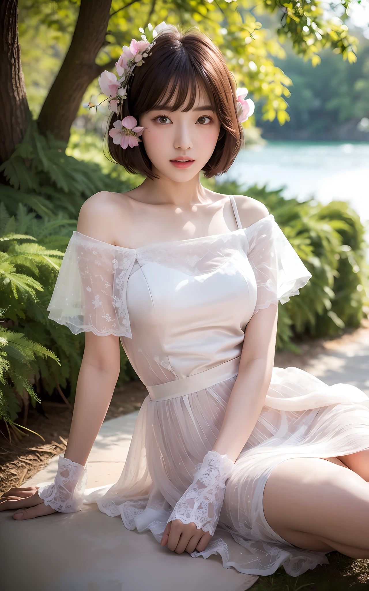 Highly detailed CG Unity 8k wallpaper, top quality, super detailed, masterpiece, realistic, photorealistic, highly detailed cute girl, (25 years old), blush, round eyes, (bob cut), semi-body shot, (white wedding dress), leaning on tree, lake