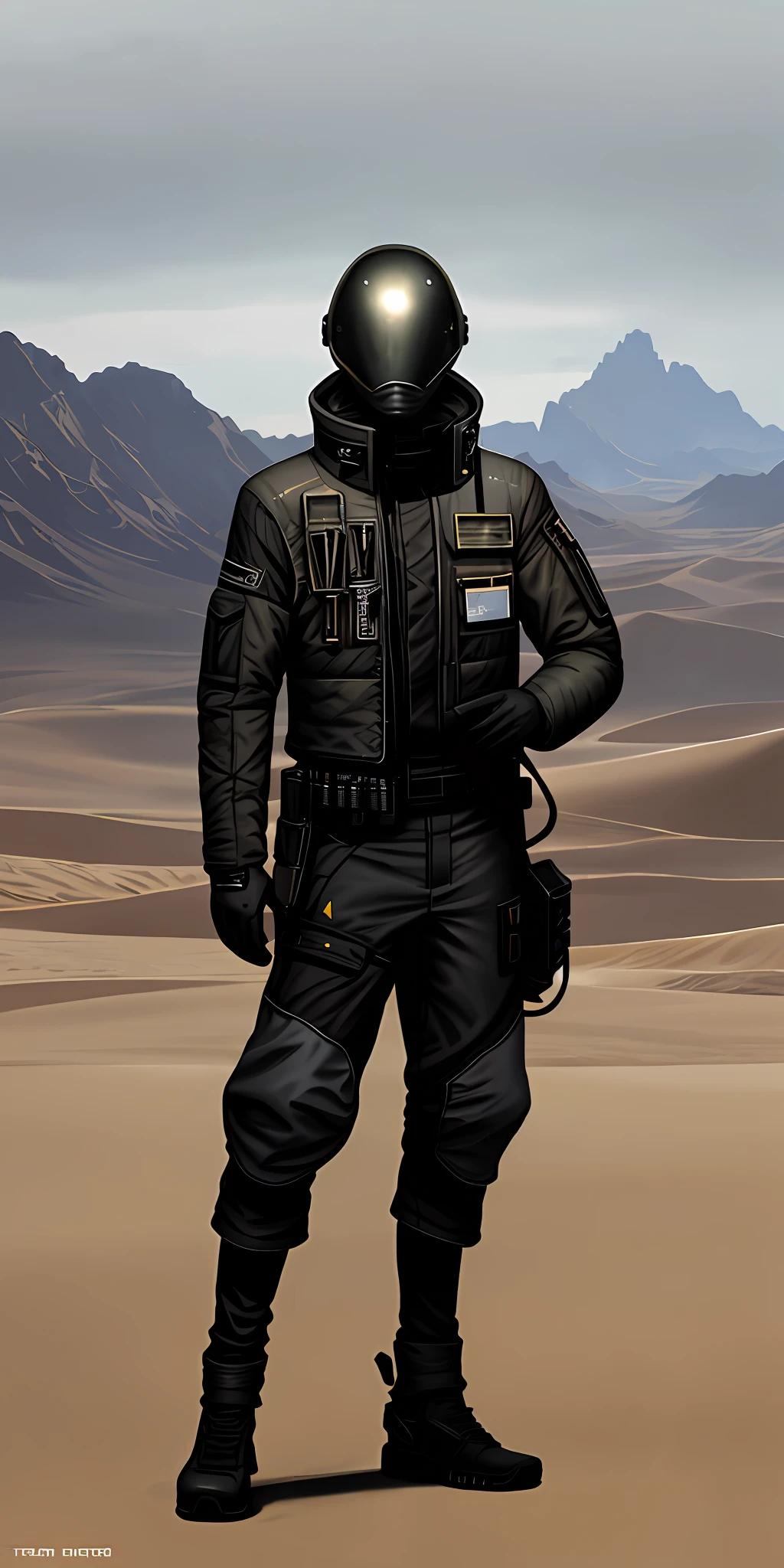 There is a man in a helmet, helmet and a coat standing in the desert, techwear look and clothes, wearing space techwear, future techwear, model is wearing techtical vest, techwear clothes, futuristic techwear, fashion techwear, techwear, wearing techwear and armor, focus on anti-g flight suit, wearing urban techwear, wojtek fus