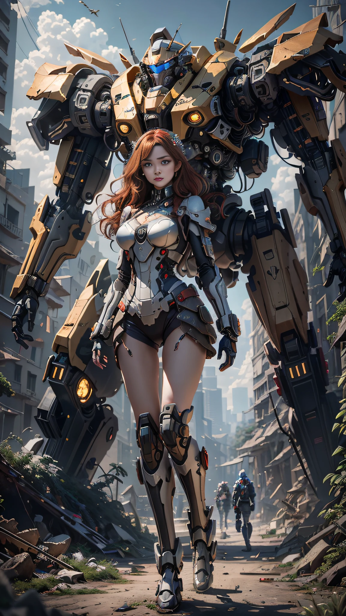 ((Best Quality)), ((Masterpiece)), (Very Detailed: 1.3), 3D, Icatu valkirie-mecha, Beautiful cyberpunk woman wearing crown with her red and blue mecha in ruins of a forgotten war city, long red hair, sci-fi technology, HDR (High Dynamic Range), ray tracing, nvidia RTX, super resolution, unreal 5, subsurface scattering, PBR texture, post-processing, anisotropic filtering, depth of field, maximum sharpness and sharpness, multi-layer texture, specular and albedo mapping, surface shading, precise simulation of light-material interactions, perfect proportions, octane rendering, duotone lighting, low ISO, white balance, rule of thirds, wide aperture, 8K RAW, high efficiency subpixels, subpixel convolution, light particles, light scattering, Tyndall effect, very sexy, full body, battle pose,