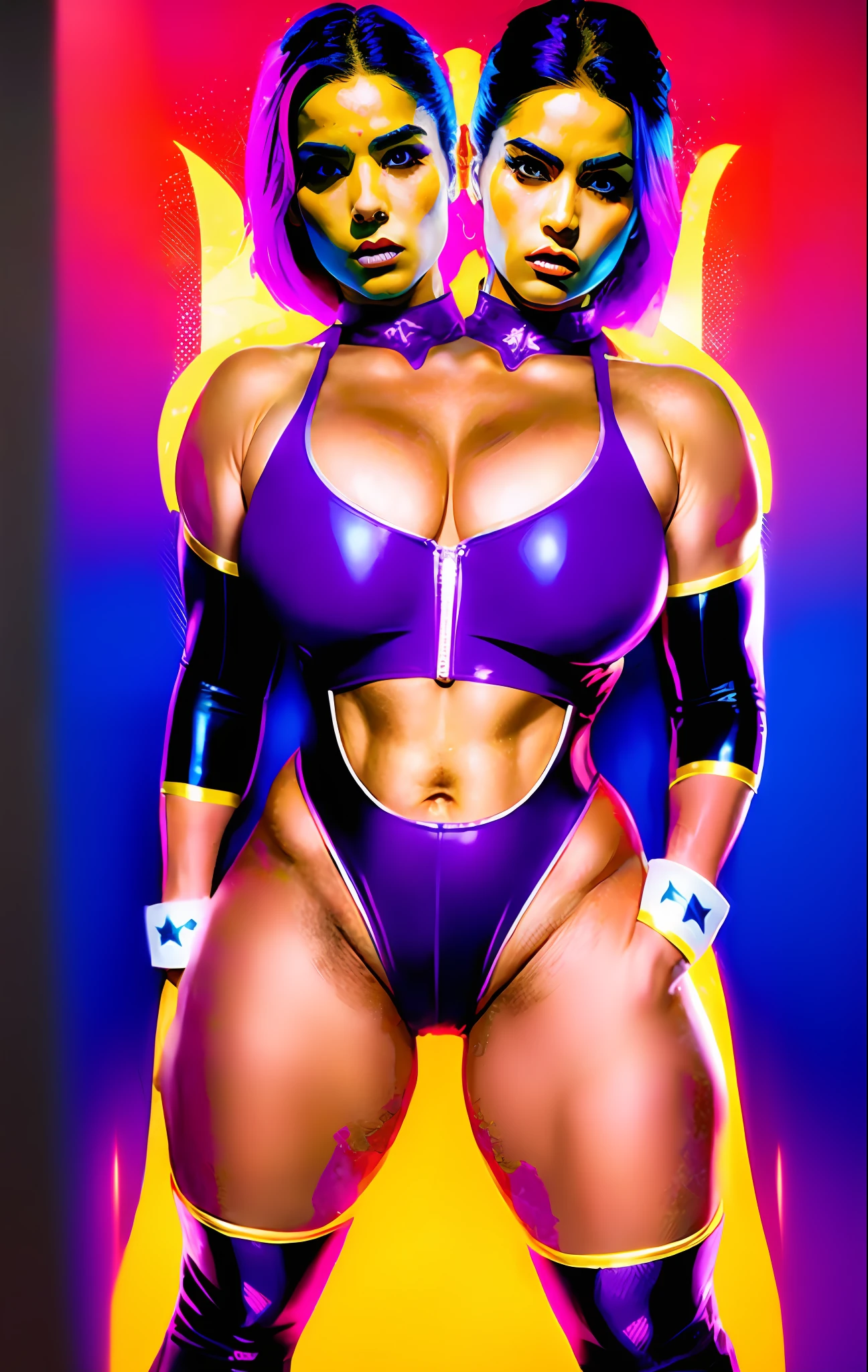 2heads,Photo portrait of male psylocke, colorful, realitic round eyes, neon background, superhero costume, broad shoulders, (thick thighs:1.2), full body, latex, hero pose, psylocke, cuban