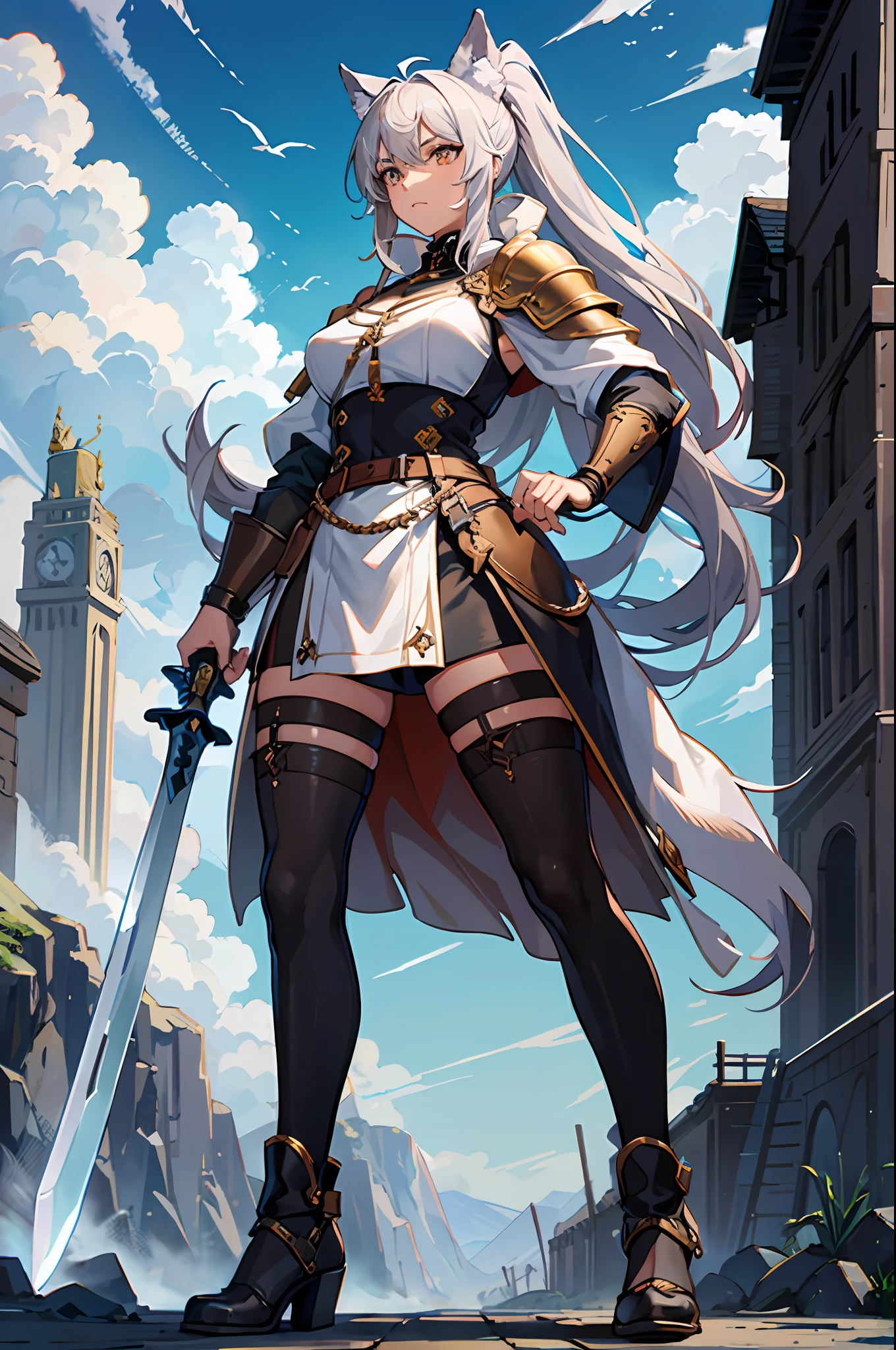 (Masterpiece, Best Quality: 1.2), 1 Adult Woman, Strong Woman, Tall, Swordsman, Boyish, Ponytail, (Brown Skin: 1.3), Silver Hair, Cool Face, Standing, Slit Eyes, High Nose, Big Body, Wolf Ears, Medieval Fantasy, Trained Body, Big, Coat, Shorts, Black Inner, Gripping a Big Sword, Full Body
