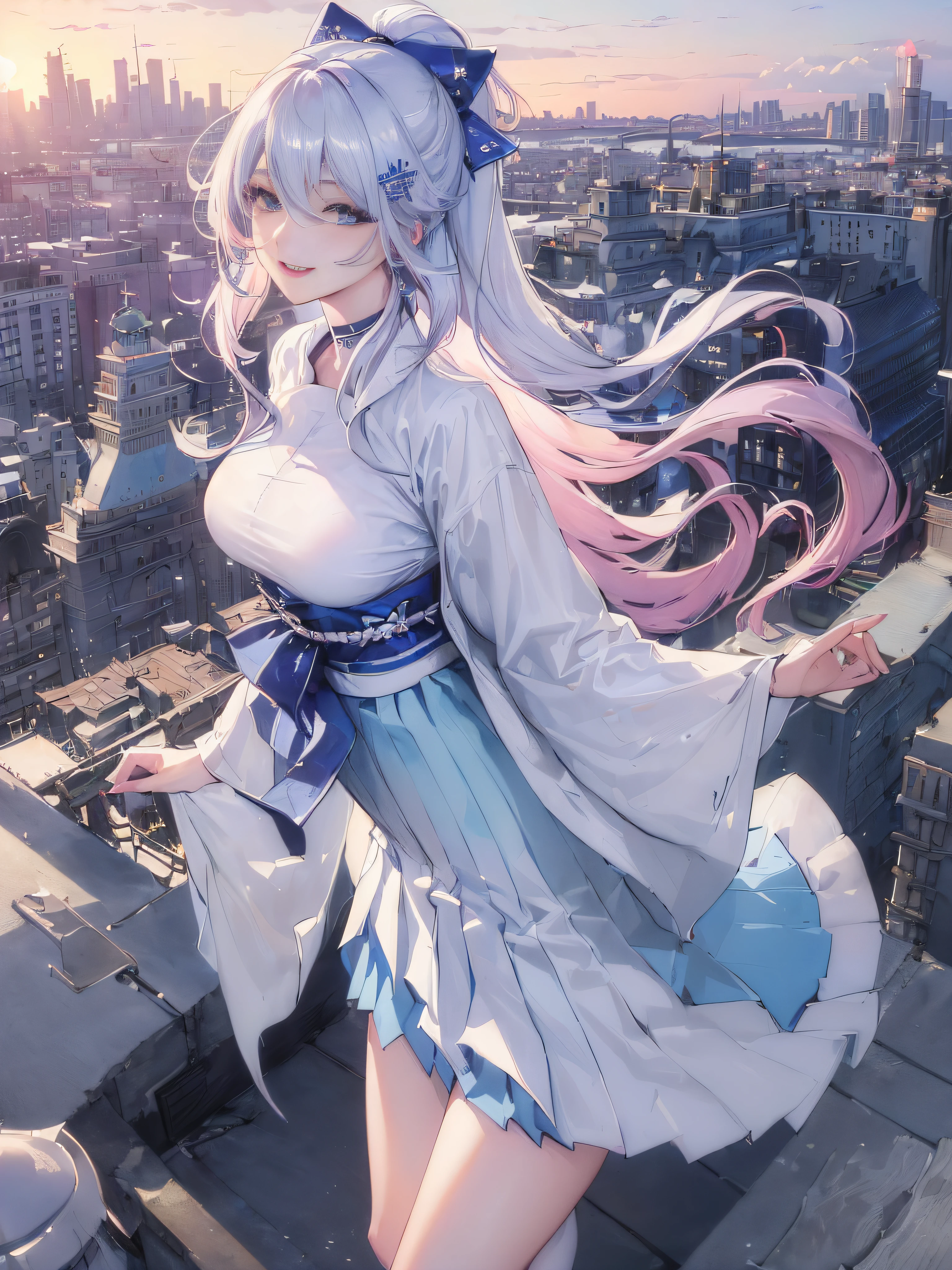 official art, masterpiece, sharp focus, (beautiful gorgeous cute Korean woman:1.3), (beautiful cute korean:1.3), korean beauty, Delicate and beautiful hair and eyes and face, realistic, ultra detailed, beautiful girl, blue sky, glow white particle, (sidelighting:1.2), sun light, white cloud, detailed clouds, slender, Lovely very large breasts and very large hips, smile with teeth, ((smile with eyes, open both eyes)), scenery, long straight hair, sexy facial expression, building, (cityscape:1.7), dynamic hair, long straight hair, detailed platinum pink hair, glow blue eyes, (blue pleated shirts + white skirt), white long socks, pale skin, hair ornament, epic scenery,