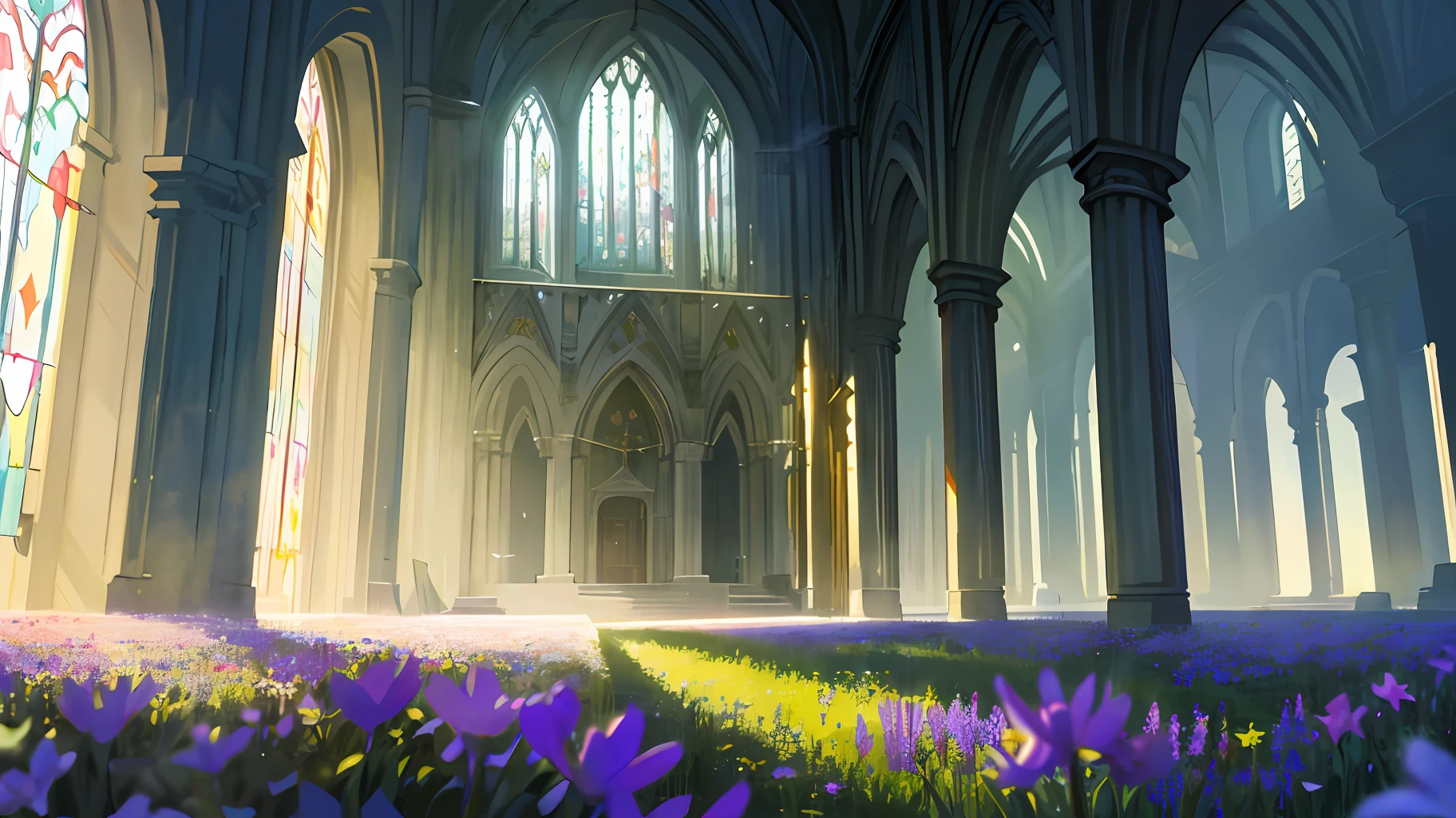 (Masterpiece, super quality, high resolution), wildflowers in the field, blurred foreground, pillars and glass of a church in the background, smoky with bright and dreamy lights, brutal, romantic candlelight, back lighting, crepuscular ray, enchanted forest, moody atmosphere, soft light, holy and sacred