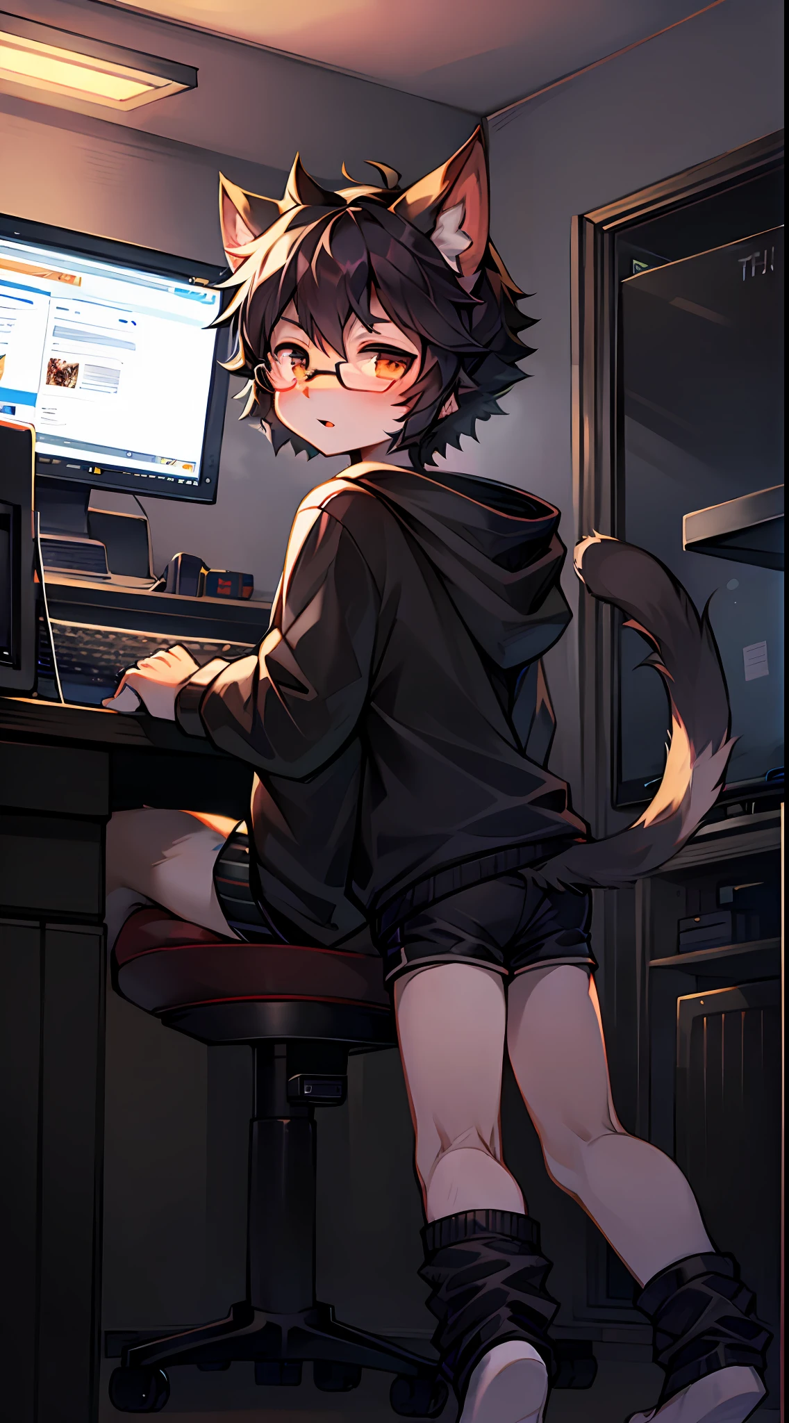 Cat ears, black hair, short hair, humanoid, teenager, fluffy tail, black sweatshirt, glasses, black shorts, in the room, playing computer, monitor, host, cat type