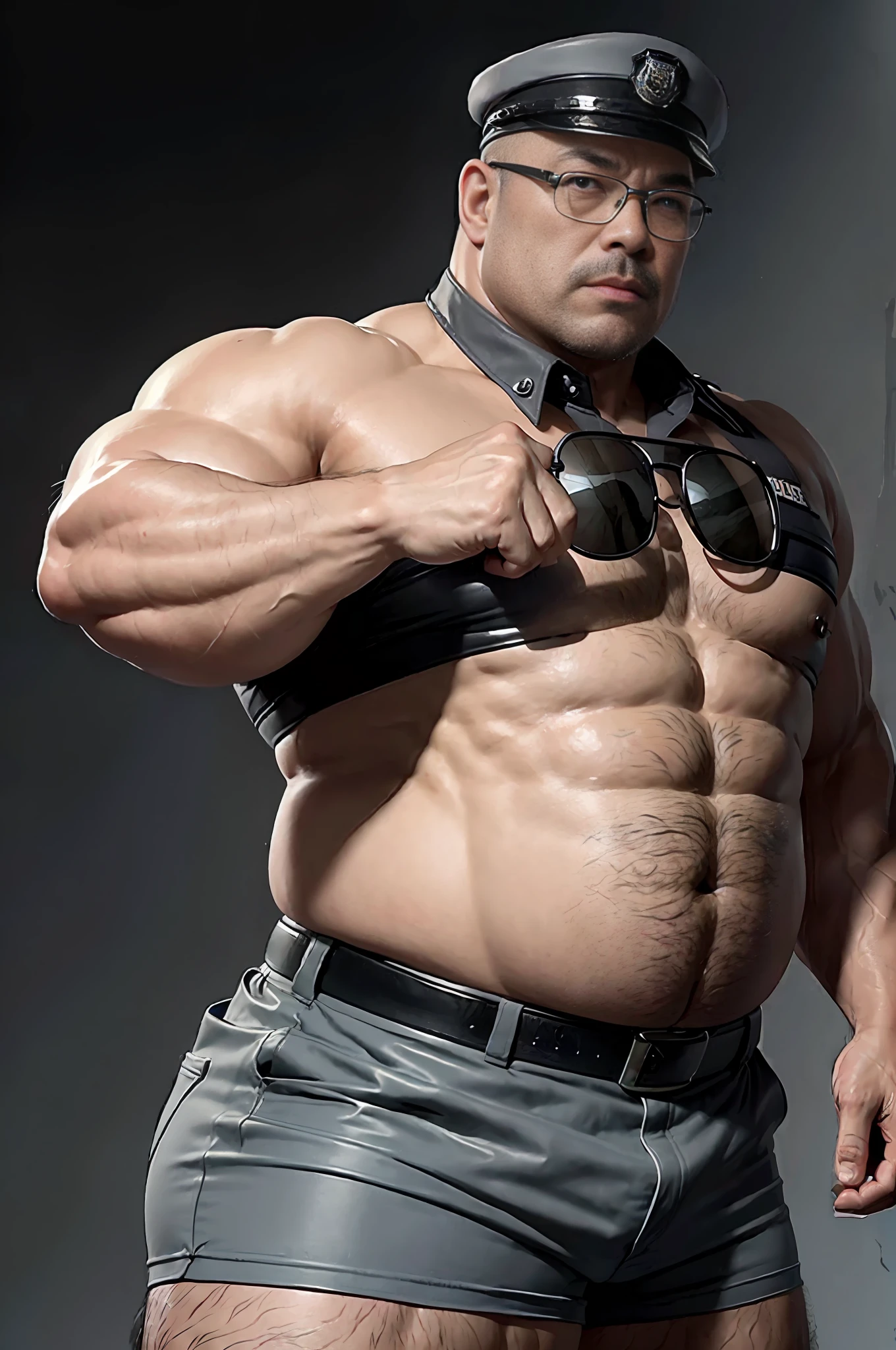 (Shorts male cop, strong fat asian man, police cap uniform), (dark gray background, (1 male bald head with glasses), strong muscles, various poses, big ass, 1.4 eye details, 40k)"