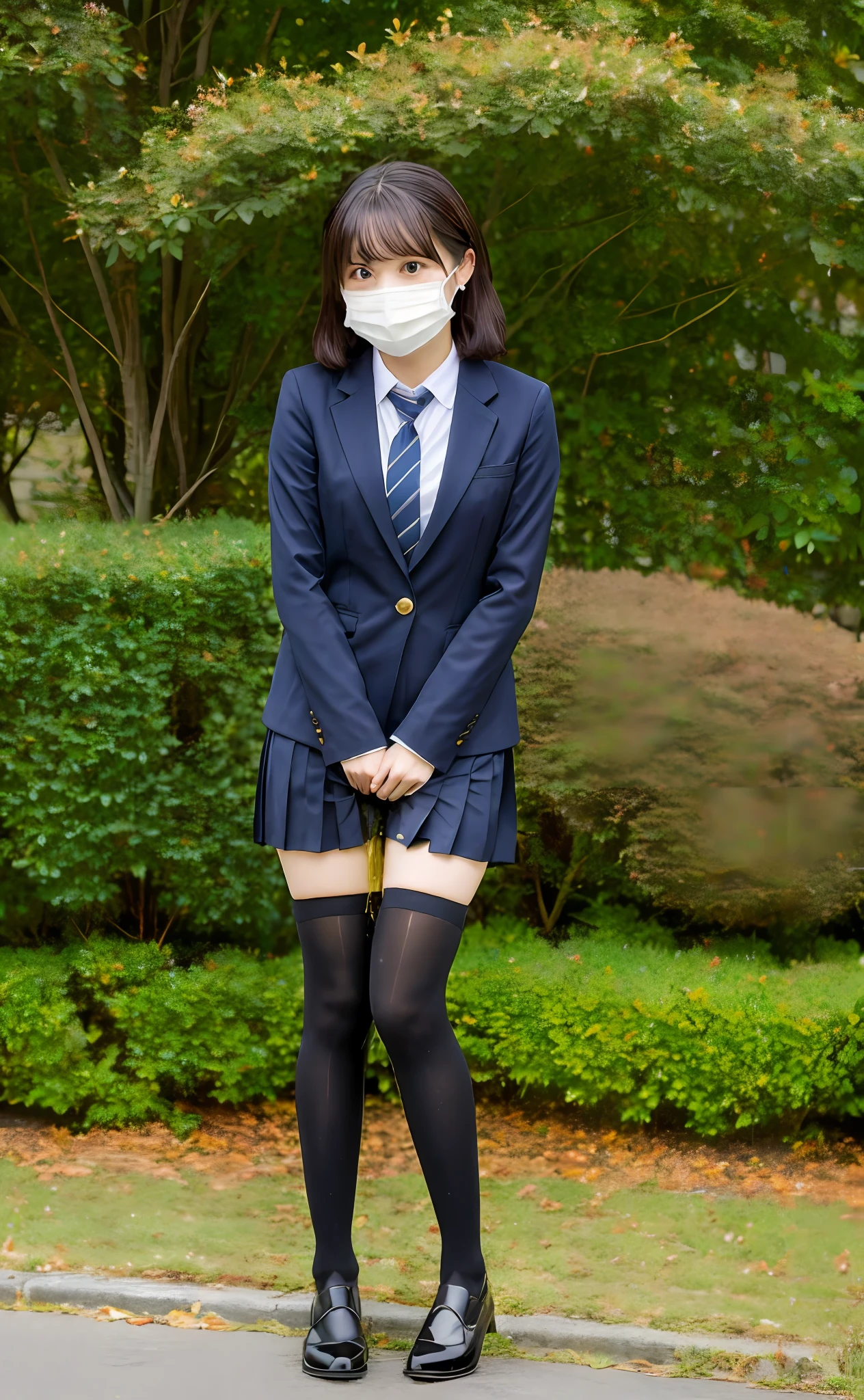 Perfect female figure, small breasts, a3ri1th, peeing, very desperate to pee, face blushing, sad, crying, flustered, pubic hair, panties, tights are wet, peeing, peeing, peeing yourself, pee puddles forming around your feet, black blazer, Black pleated skirt, mask, tie, sailor suit, tights