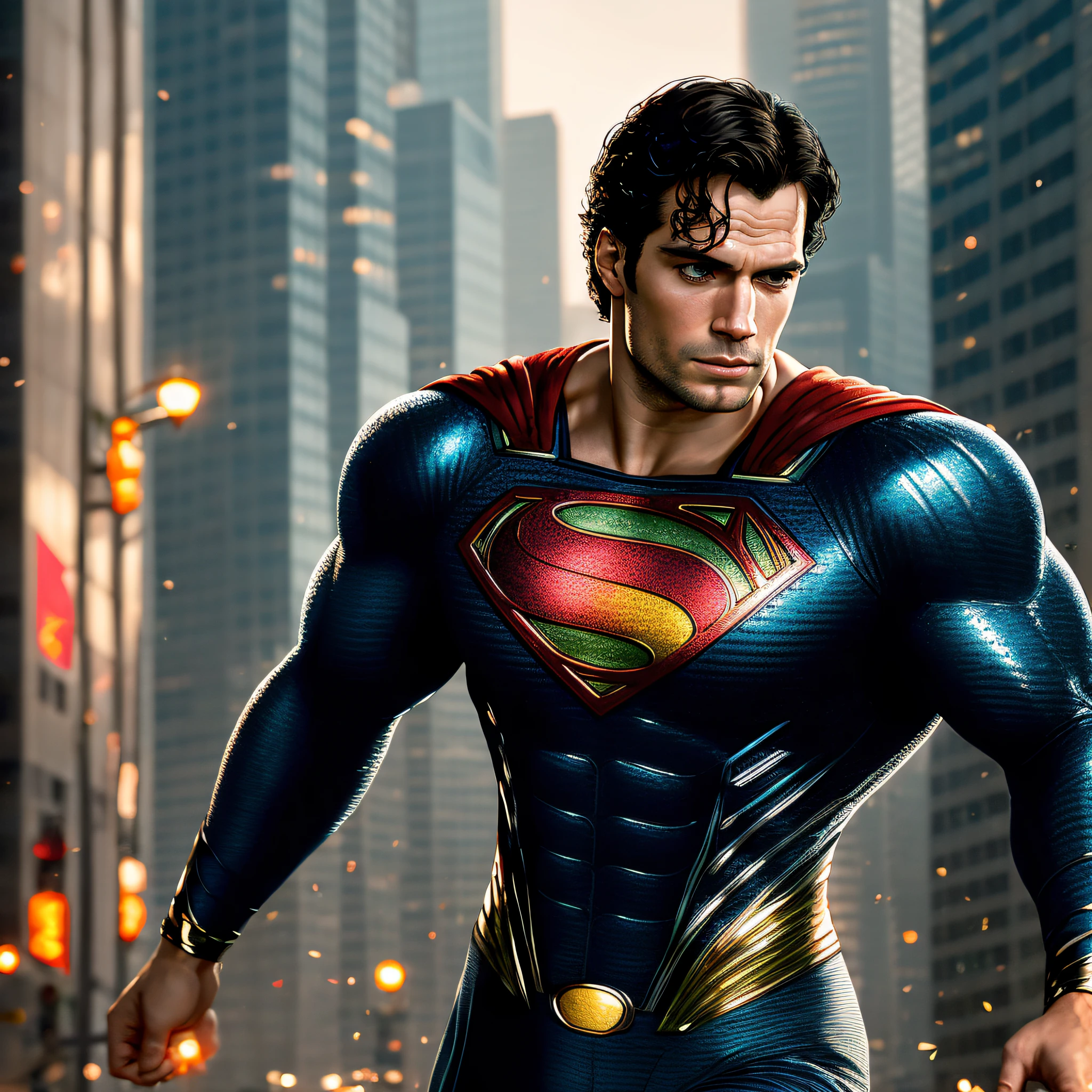 Henry cavill as superman. masterpiece, (photorealistic:1.5), pov, cinematic lighting, depth of field, ray tracing, 8k, extremely detail, high quality, realistic eyes, best quality, beautiful lighting, professional lighting, henry cavill, serious face, detailed eyes, black eyes, same eyes, wavy short hair, real hair movement, black suit, standing, downtown, night,