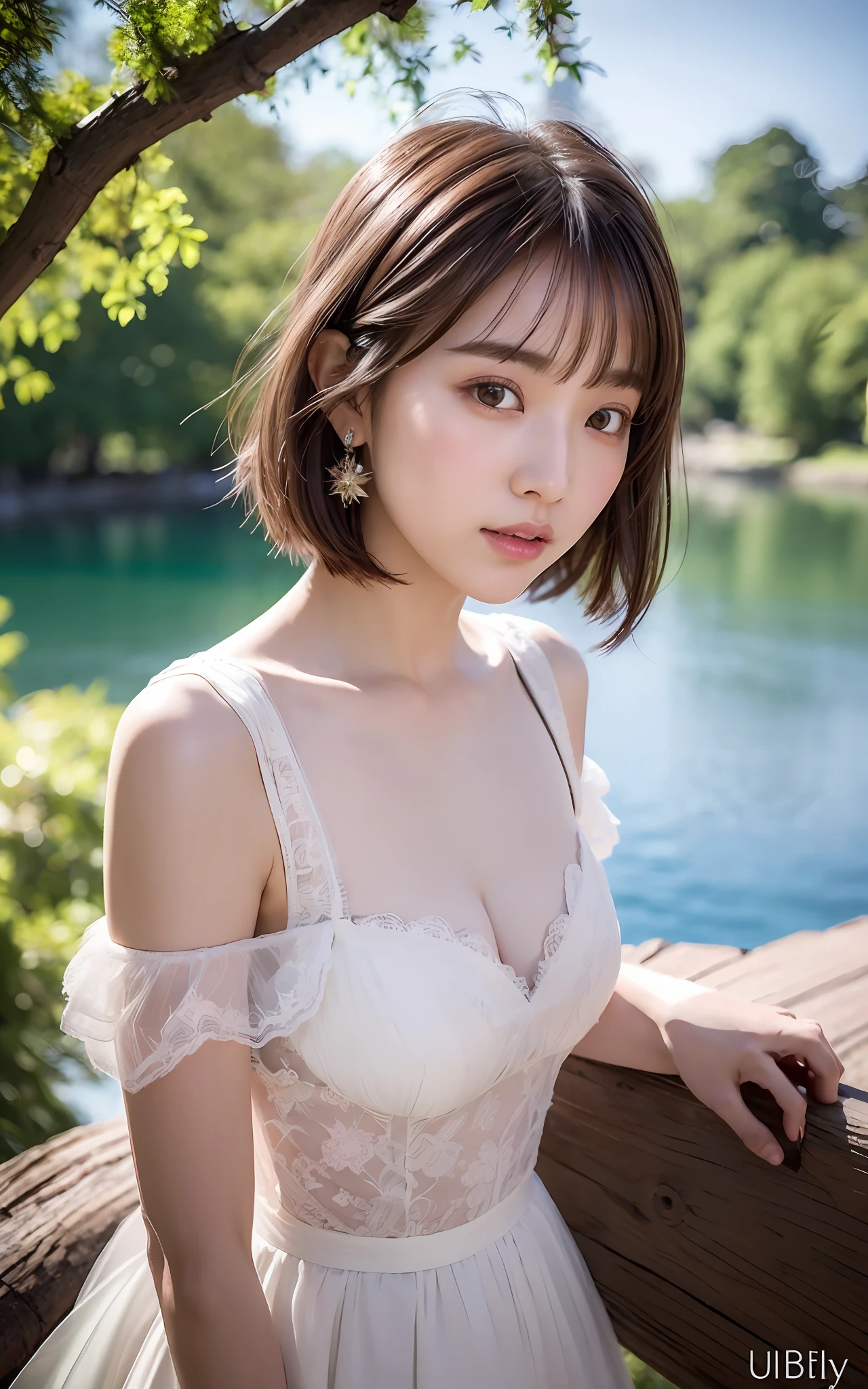 Highly detailed CG Unity 8k wallpaper, top quality, super detailed, masterpiece, realistic, photorealistic, highly detailed cute girl, (25 years old), blush, round eyes, (bob cut), semi-body shot, (white wedding dress), leaning on tree, lake