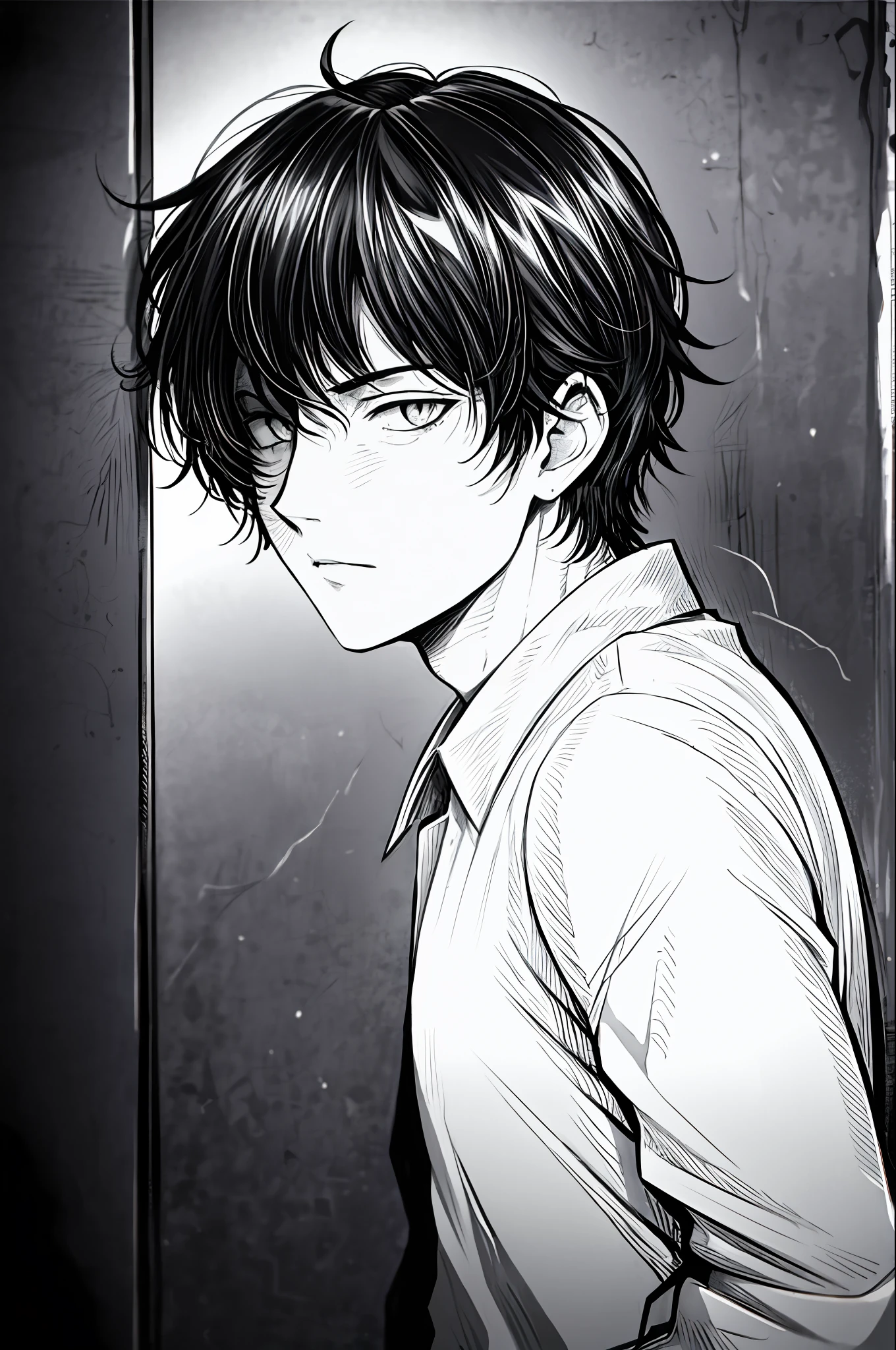 best quality, intricate details, lineart, monochrome1boy, short messy hair, black hair, messy hair, hair over one eye, sharp eyes, 
shirt, open jacket, 
Leaning against the wall , dim lighting, alley way