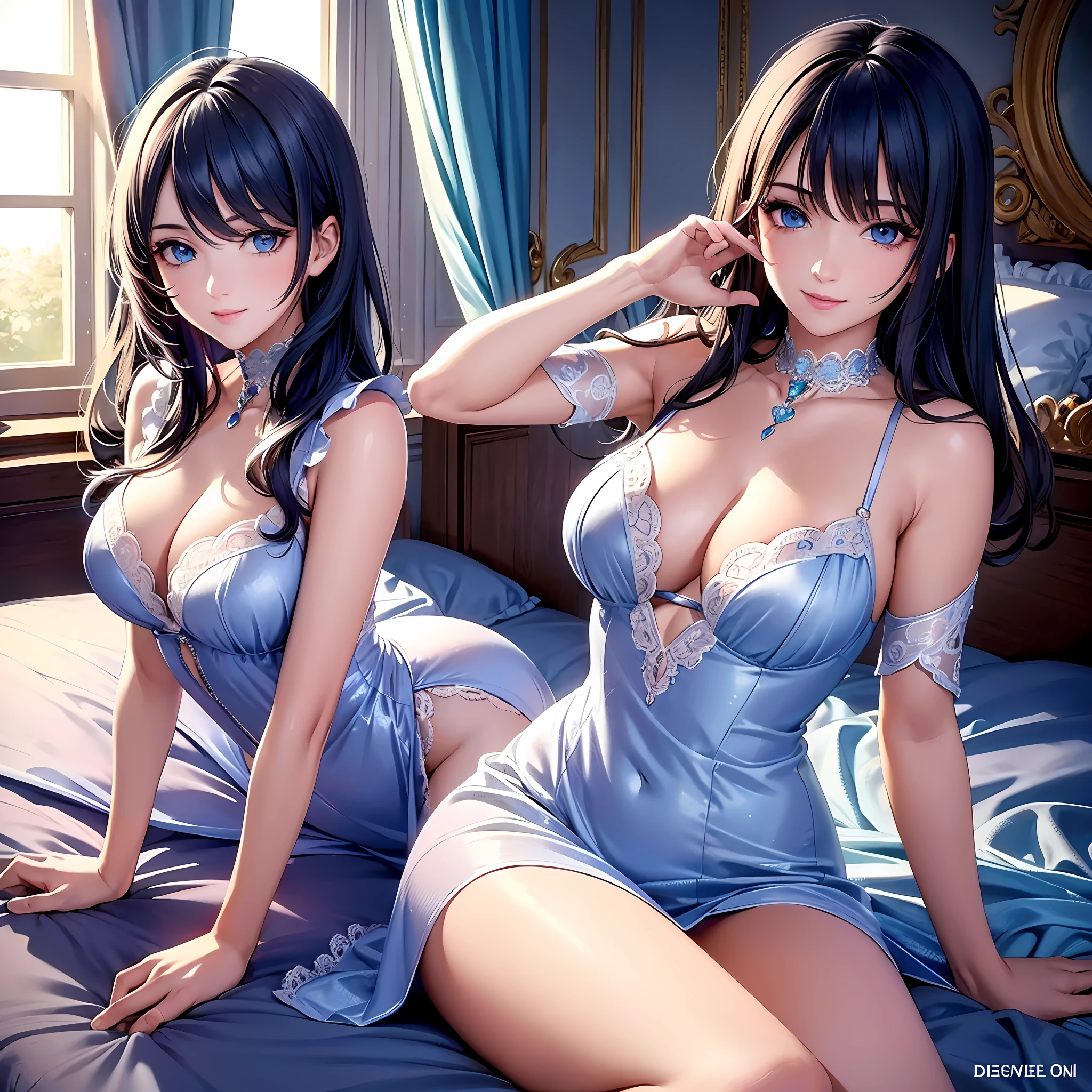 Illustration, cinematic light, high resolution, best quality, ultra detailed, detailed face, (detailed eyes), highest quality, super detailed, masterpiece, (detailed face), perfect anatomy, pretty face, best smile, sexy mature woman was only (pajamas: 1.5), ultra detailed embroidery, choker, NSFW, blue eyes, neon small shiny hair edges, D cup, cleavage, AI fantasy super luxurious room: 5, sparkling interior with neon details, (on a cute bed: 1.15), (sit-in: 15), (morning sun shining through the window), light reflection, heart-shaped iris, playful eyes, open shoulders, hair jewelry, subject forward, close-up
