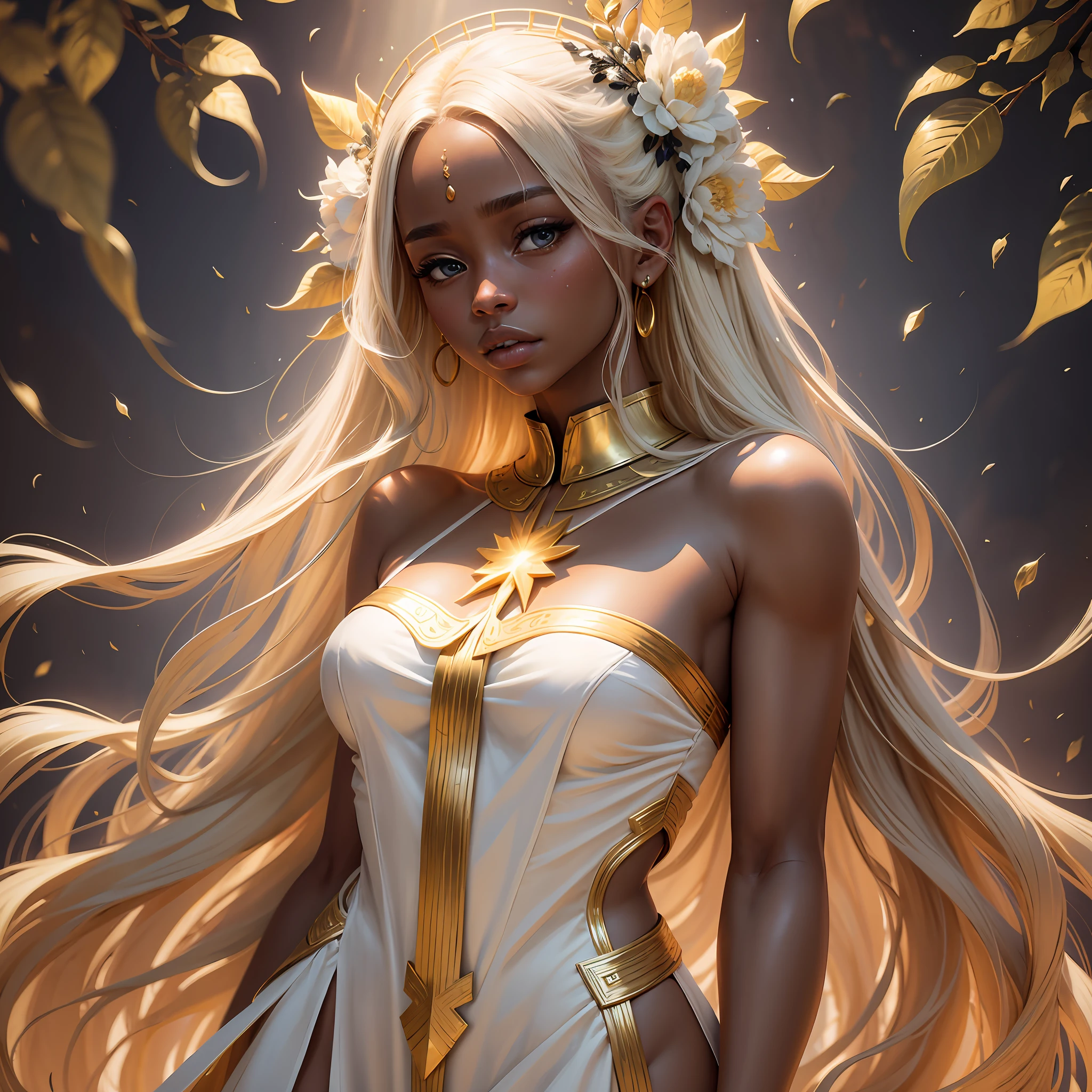 Best quality, best definition, best art, artwork, gorgeous, painting, blonde hair, long blonde hair, perfect hair, long hair, perfect skin, black skin, brown skin, black skin, dress, long white dress, white dress, greek goddess dress, whole body, whole body, holding a ray, holding a golden ray, lightning, gold ray, whole body.