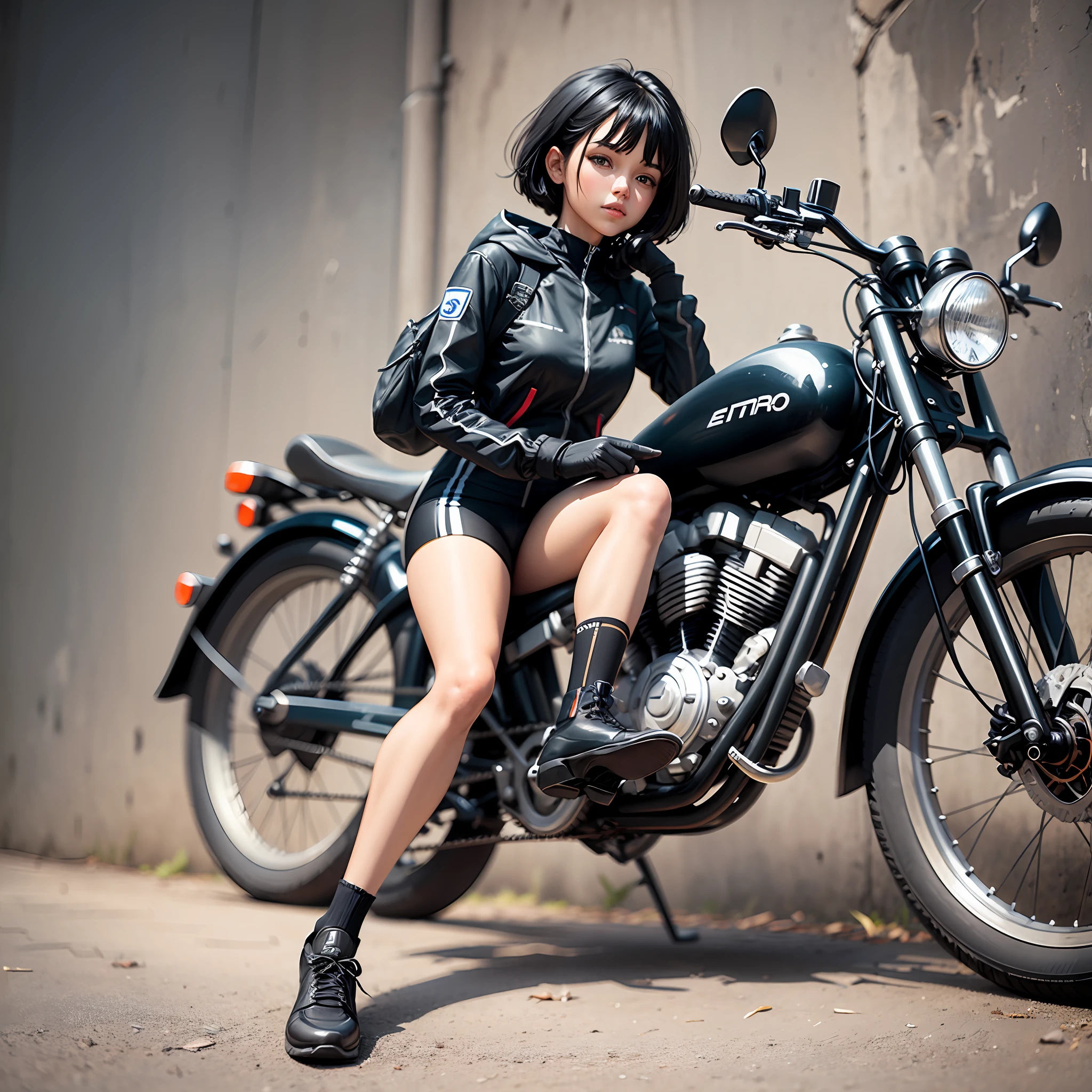 Edtilo CG, girl sitting on bike, short black hair, black clothes glued, black gloves, black shoes, fine details, ultra 8k, extemporaneous detailed, --auto --s2
