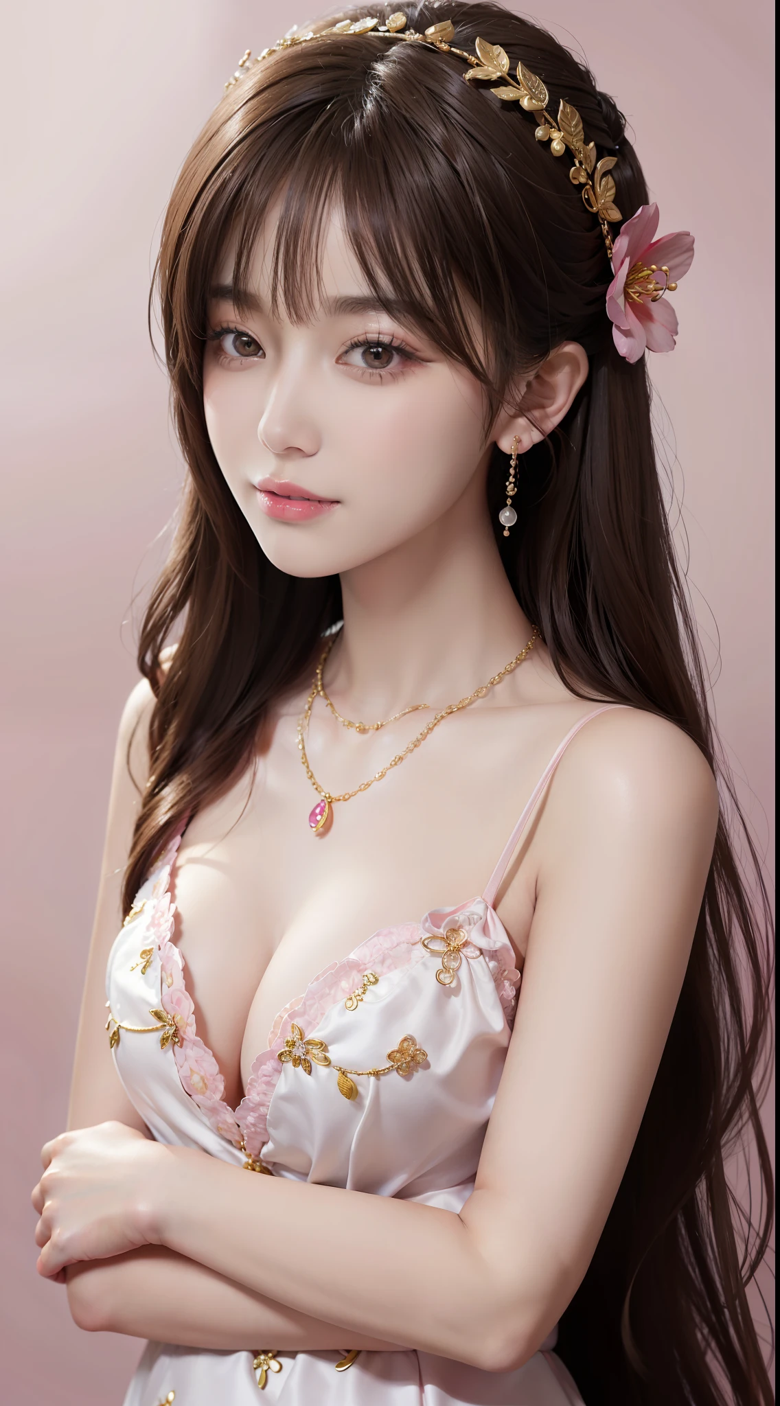 masterpiece, top quality portrait, Korean woman, Beautiful face, Detailed skin texture, Detailed fabric texture, Delicate smile and deep eyes, Modern room, Water reflection, (Flower crown: 1.2+ necklace), Pink background, Elegant light rendition