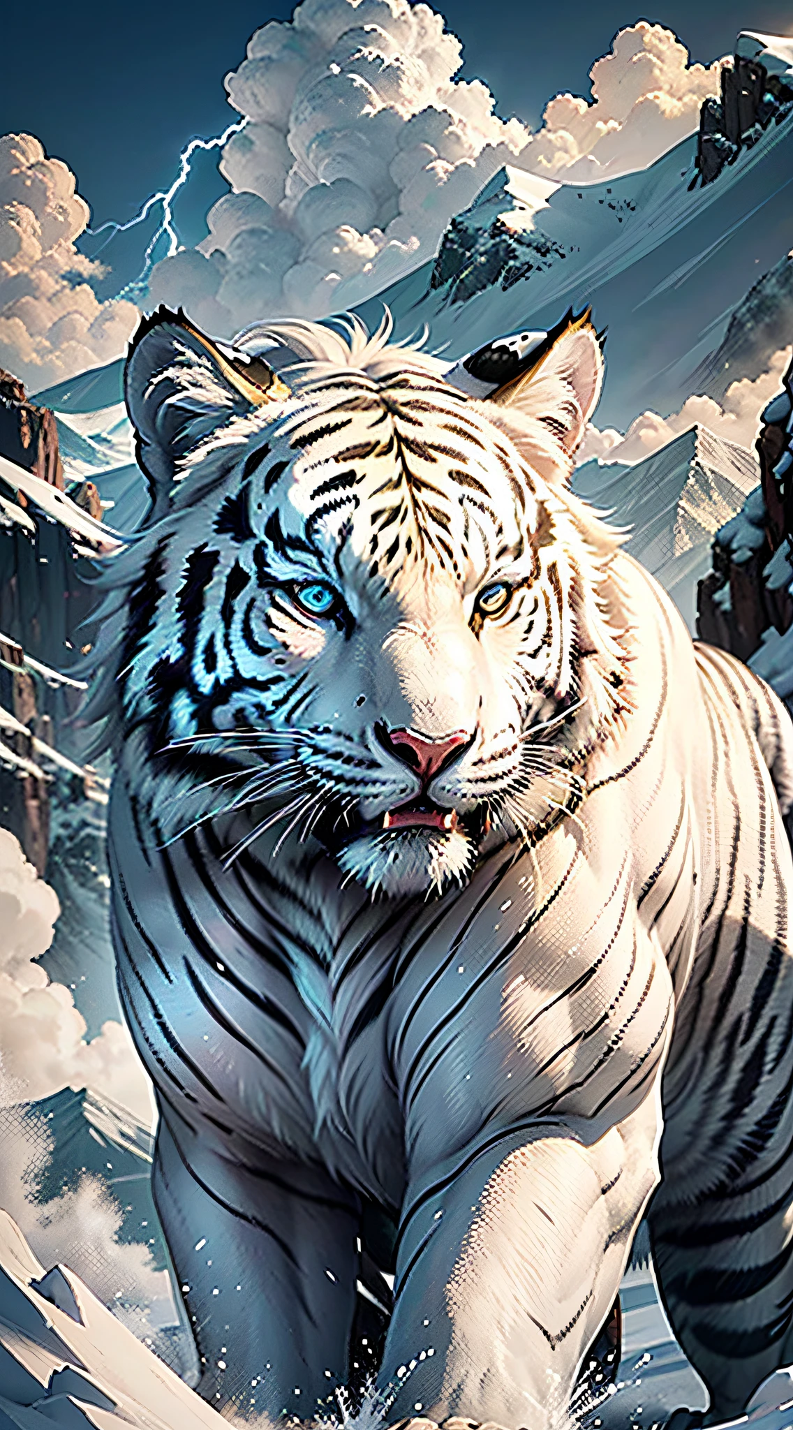 Mountains and seas through white tigers, sacred beasts, white tiger body tall, strong, white hair, like a white tiger made of clouds, its eyes are bright and spiritual, several feet long, the white tiger is a mountain spirit beast, its divine light Rui, the white tiger is a huge, snow-white spirit beast, living above the nine peaks, the tiger descends the mountain, the background is lofty mountains, there are ancient buildings below, lightning and lightning, the face is delicate details, the mouth is open, the perfect fangs, the neck has a thick mane, clear outline, perfect details, epic composition, the scene is grand, Ultra-realistic, surreal,