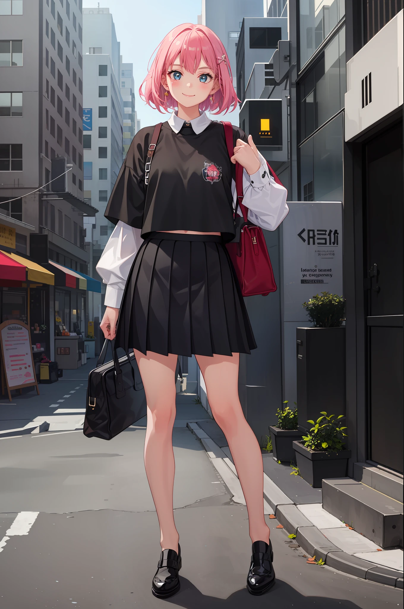 1 girl, smile, shirt, skirt, (small) chiralism,