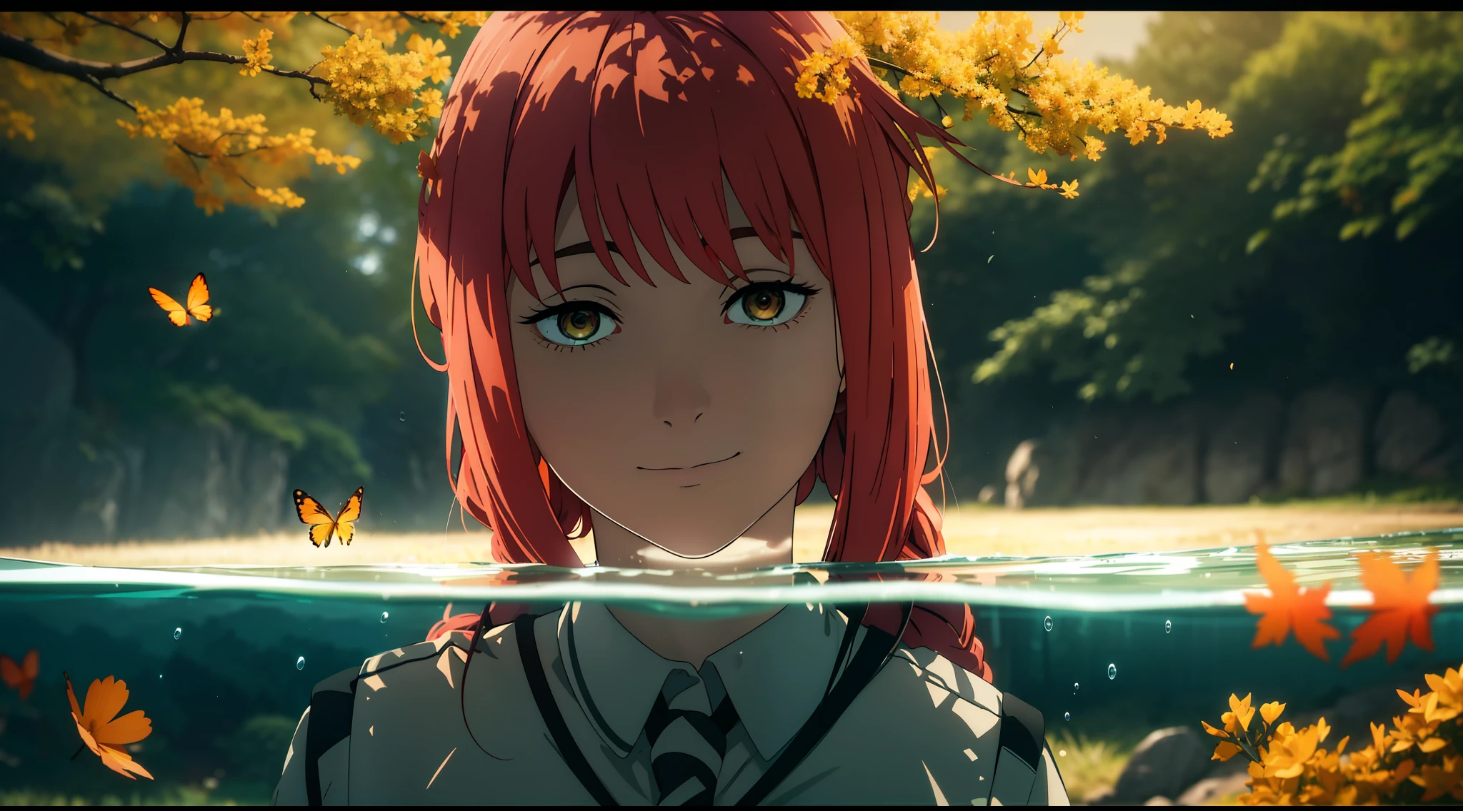 Description: 1smiling girl with long blonde hair and red dress in an underwater landscape. The scene is captured with the camera almost on the surface of the river, looking down. The water is clear and translucent, with autumn leaves floating as the wind blows strongly, making the leaves fly around.
Environment: The landscape is extremely green, full of trees, villages and mountains, with a giant tree standing out in the background. The seas are reflective and the flora creates strong shadows. The sky is extremely blue, with white clouds.
Lighting: The lighting is extremely strong, alternating between light and shadow, with special focus on the color green. Use ray tracing reflections and RTX to perfect the sunlight that illuminates every woman, making her hair and dress transparent and creating bright reflections.
Technical Details: Use Unreal Render, Octane Render and HDR to ensure quality in 8K UHD. Emphasize realistic skin details such as visible pores, and add lomography and film grain effects. The volumetric mist adds an artistic touch.
Additional Elements: Add colorful mushrooms, flowers and butterflies to create a fantastic atmosphere. The shadows and lights should be intense to reinforce the feeling of strong wind. Colors should be vibrant and vivid.
Observations: The image should depict only woman and nature, without any human construction. Emphasize the transparent red dress and the strong colors present in the scene.