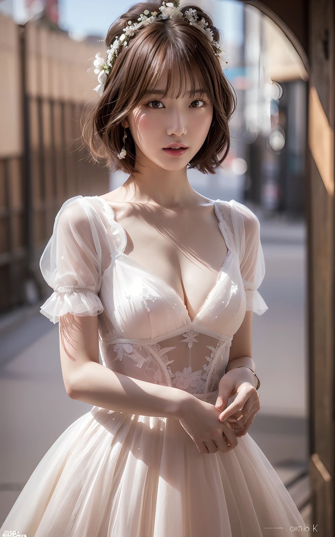 Highly detailed CG Unity 8k wallpaper, top quality, super detailed, masterpiece, realistic, photorealistic, very detailed cute girl, (25 years old), blush, round eyes, (bob cut), semi-body shot, (white wedding dress), city