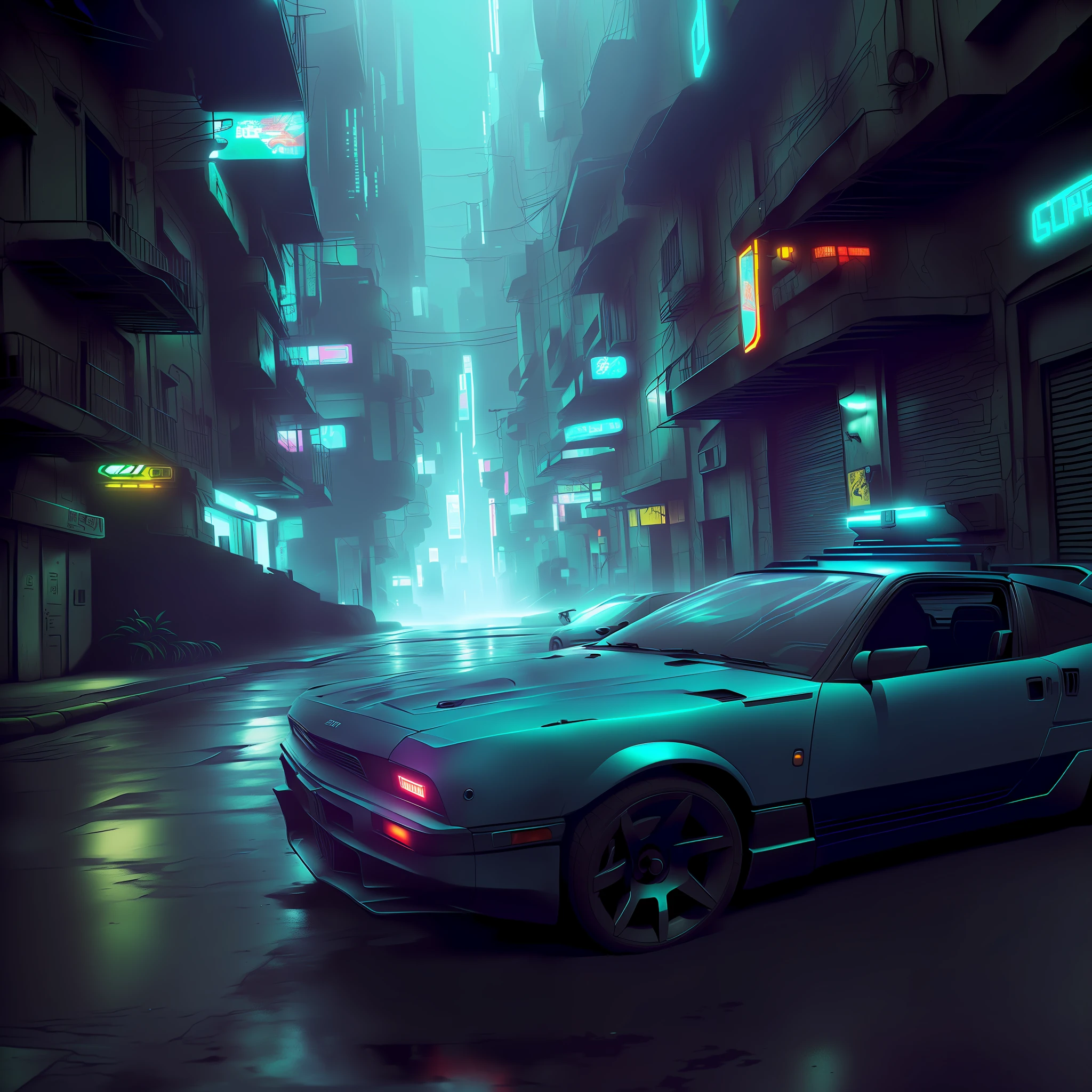 Taxi car stopped in uka cyberpunk city