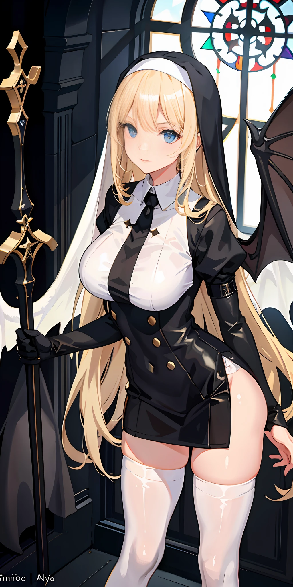 1girl, blonde hair, tights, nun, white silk, demon wings, big breasts, church, weapons