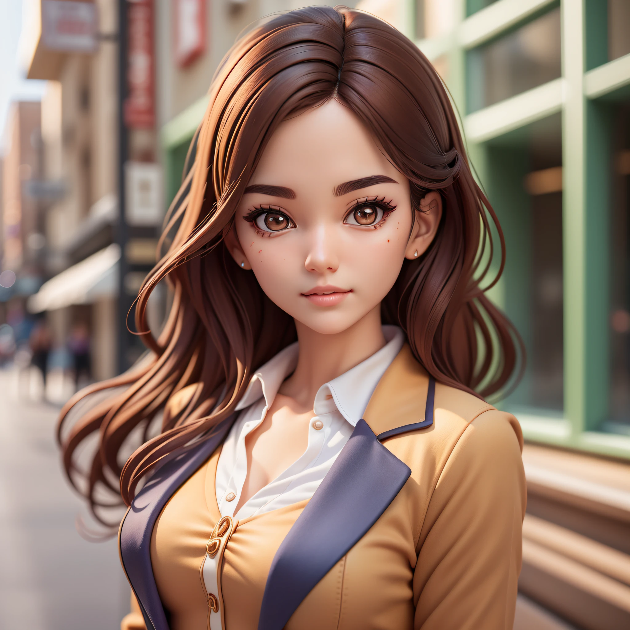 (Pixar 1.25 style) 1 woman ((upper body front, bust shot)), solo, front, very pretty face, very detailed eyes, brown eyes, very detailed nose, very detailed mouth, beauty, Korean, sophisticated, cheerful feeling, women's suit, downtown area, ((masterpiece, highest quality)), (composite lighting)